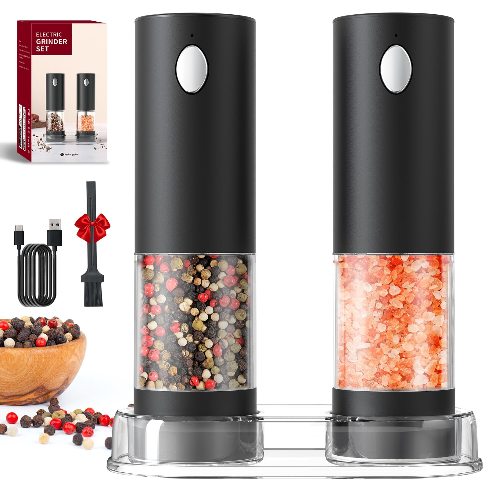 **Rechargeable Electric Salt and Pepper Grinder Set with Adjustable Coarseness & LED Light - 95ml Washable Container, Black - Perfect for Kitchen, Dining & Gourmet Cooking**
