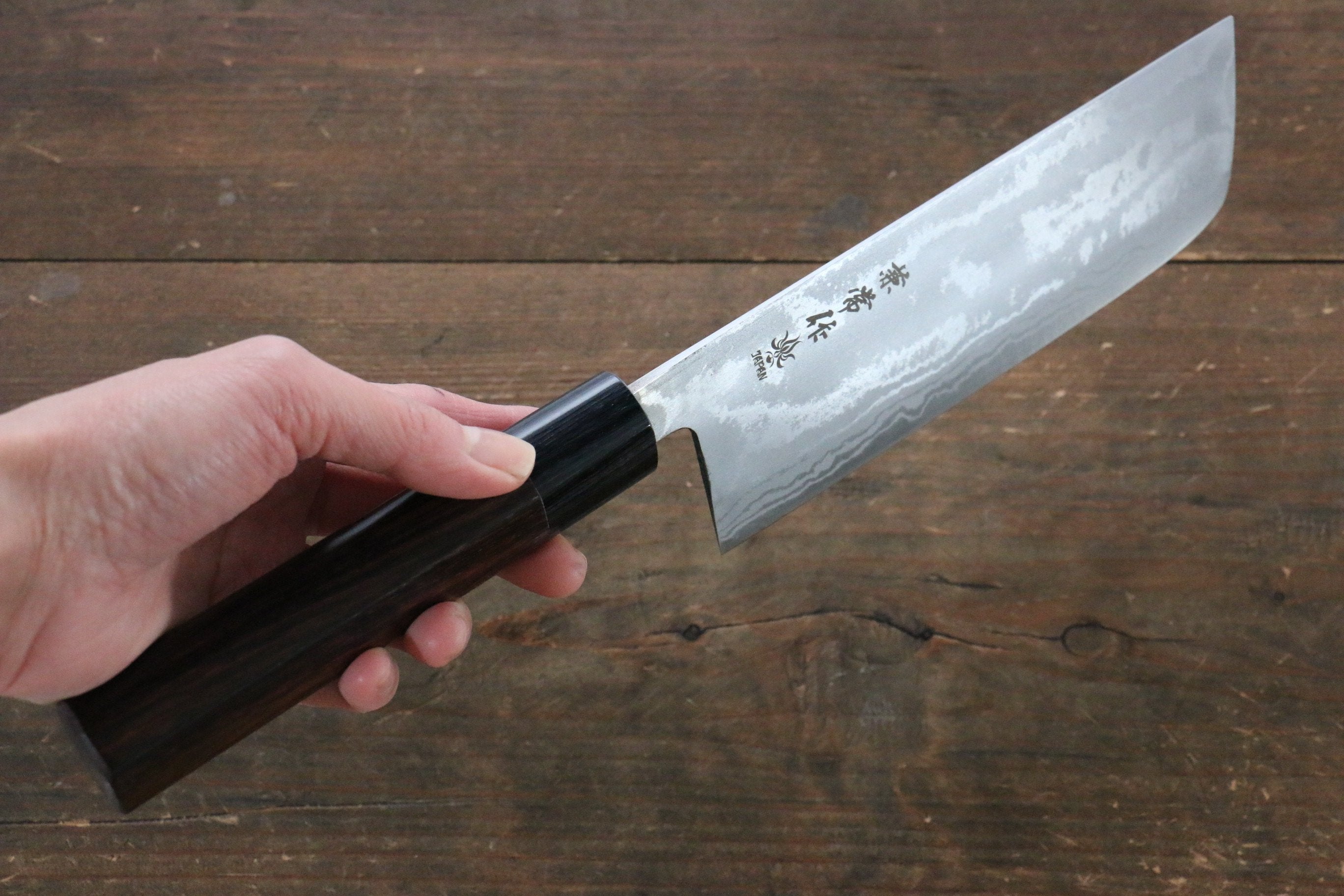 Kanetsune Blue Steel No.2 Damascus Nakiri Knife 165mm - Premium Japanese Kitchen Knife with Shitan Handle for Professional Chefs & Home Cooking - Perfect for Slicing, Dicing Vegetables & Herbs