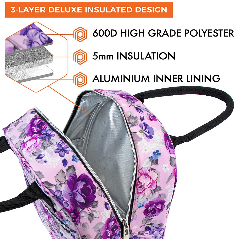 Opux Insulated Lunch Box for Women & Girls - Cute Soft Thermal Lunch Bag for Work, School, Beach & Travel - Reusable Food Cooler Container for Kids, Teens & Adults - Floral Purple Meal Prep Organizer - Perfect for Office, Picnics & Outdoor Activities