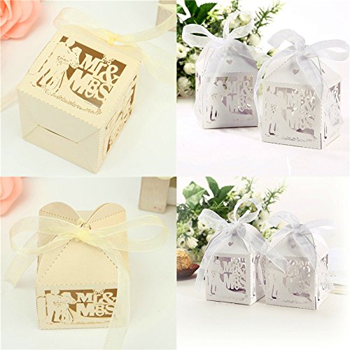 50pcs DIY Bride and Groom Wedding Candy Favor Boxes with Ribbon - Laser Cut Pearl Paper Gift Boxes for Wedding Party Decorations - Perfect for Bridal Showers, Receptions, and Anniversary Celebrations (Beige)
