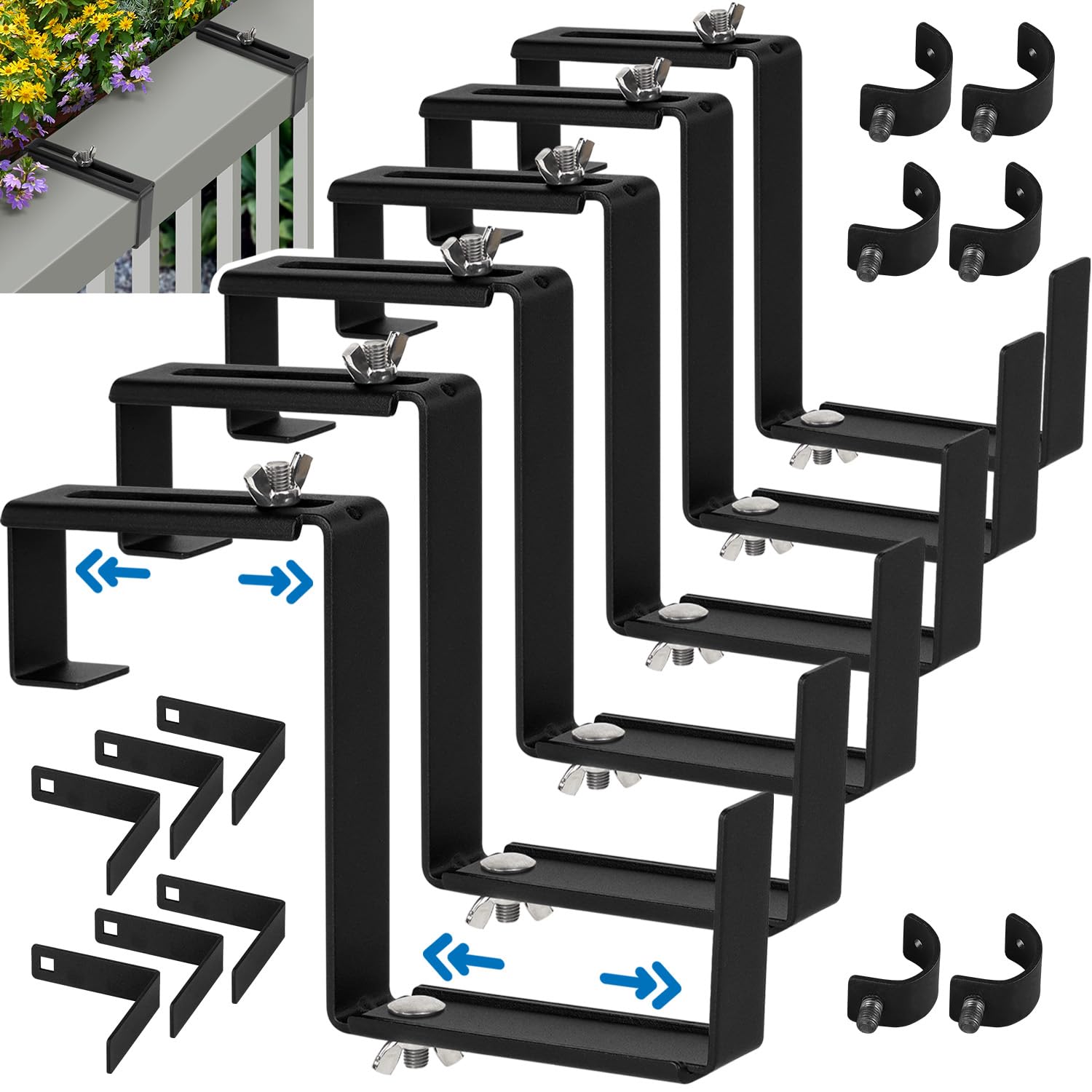 Adjustable Window Box Bracket - No Drill Flower Box Holder for Railing & Deck - Black (3 Pairs) - Perfect for Balcony, Patio & Outdoor Garden Decor