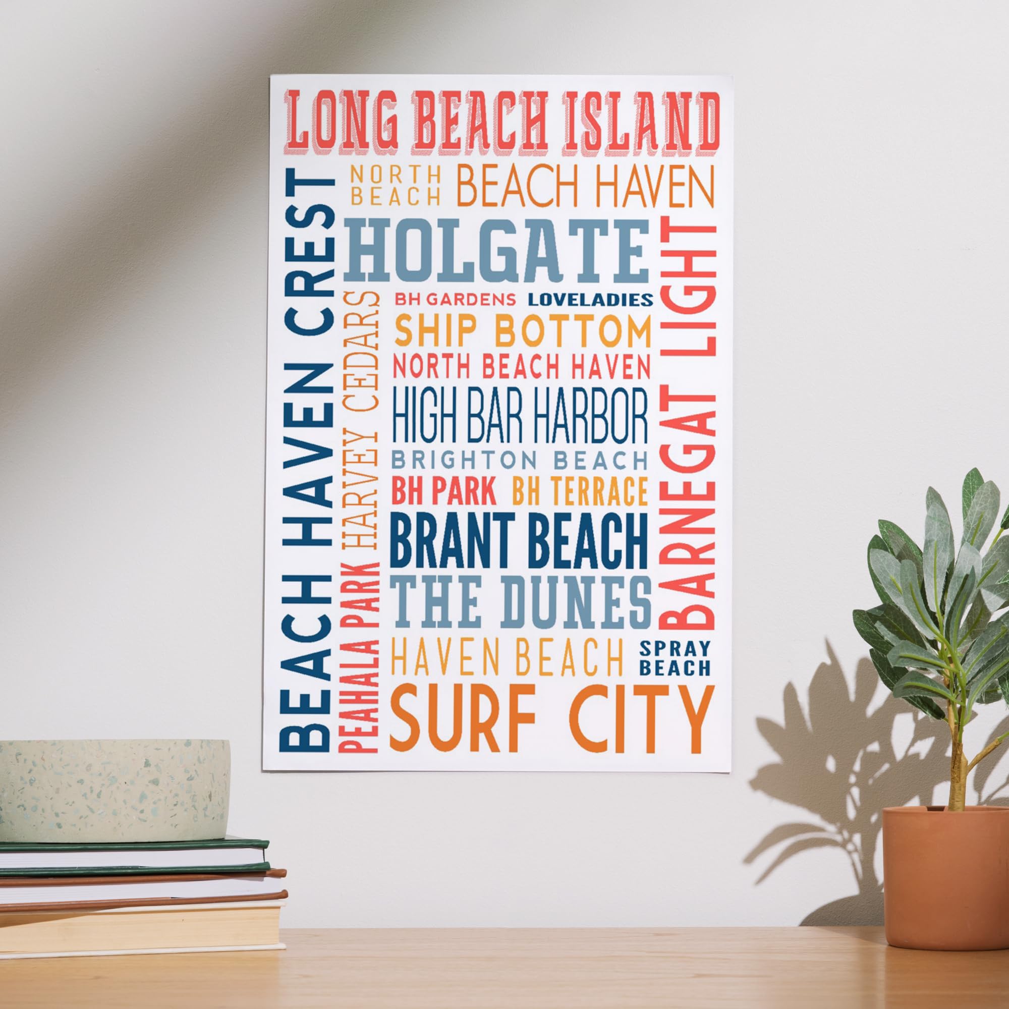 Lantern Press 12x18 Inch Long Beach Island New Jersey Typography Art Print - White Framed Wall Decor for Living Room, Bedroom & Office