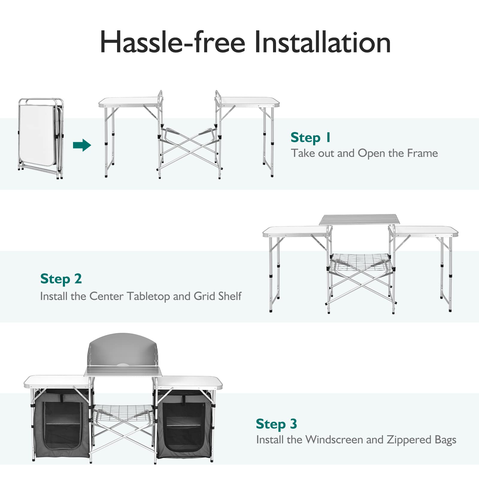 Goplus Folding Camping Kitchen Table with Storage - Aluminum Portable Outdoor Cooking Table with Windscreen - Compact Foldable Camp Table for BBQ, Grill, Picnics & Parties - Perfect for Backpacking, Tailgating & RV Camping Trips