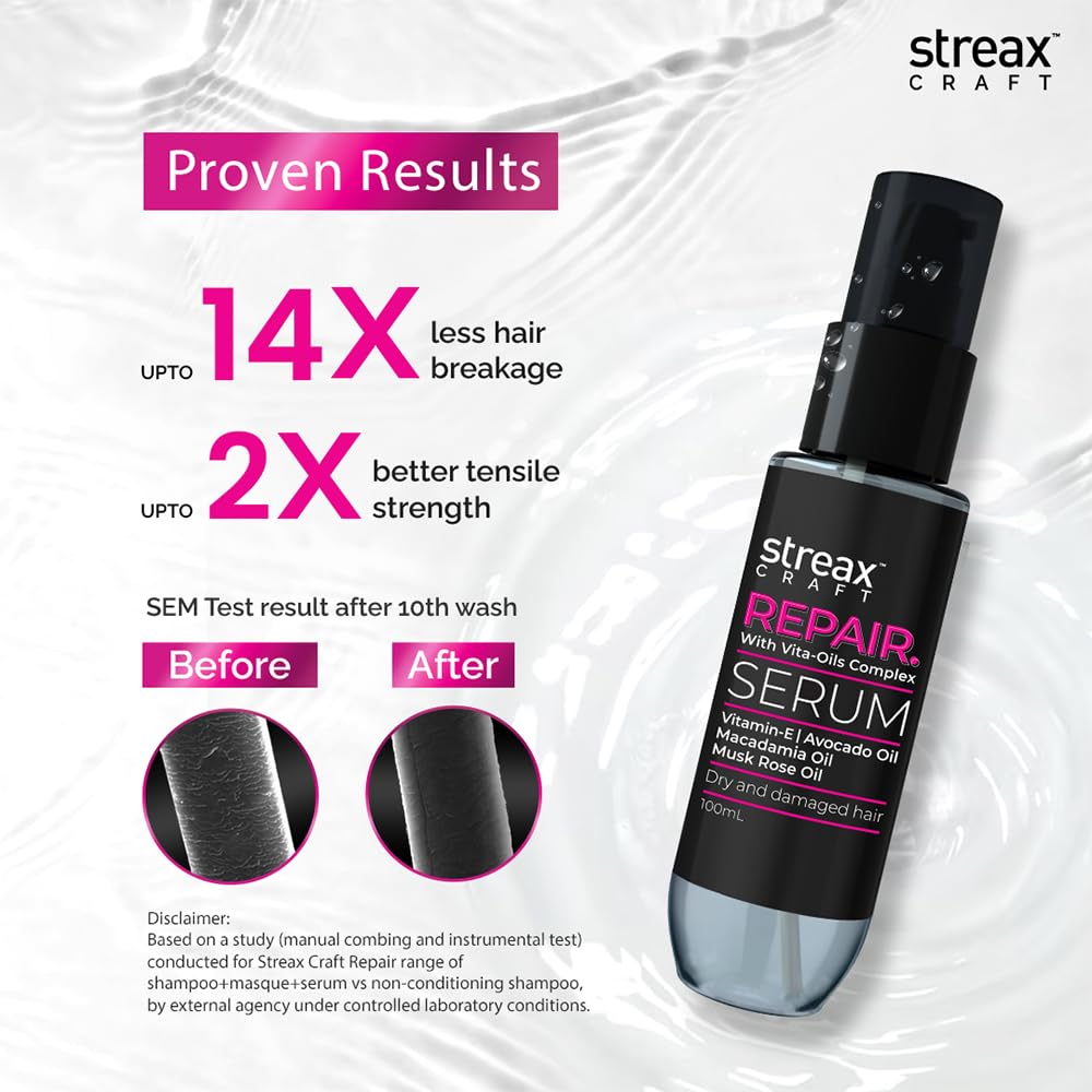 Streax Craft Repair Hair Serum for Women - 100ml Vita-Oils Complex with Vitamin E, Avocado & Macadamia Oil - Deep Conditioning Treatment for Dry, Damaged Hair - Perfect for Daily Nourishment & Salon-Quality Results at Home