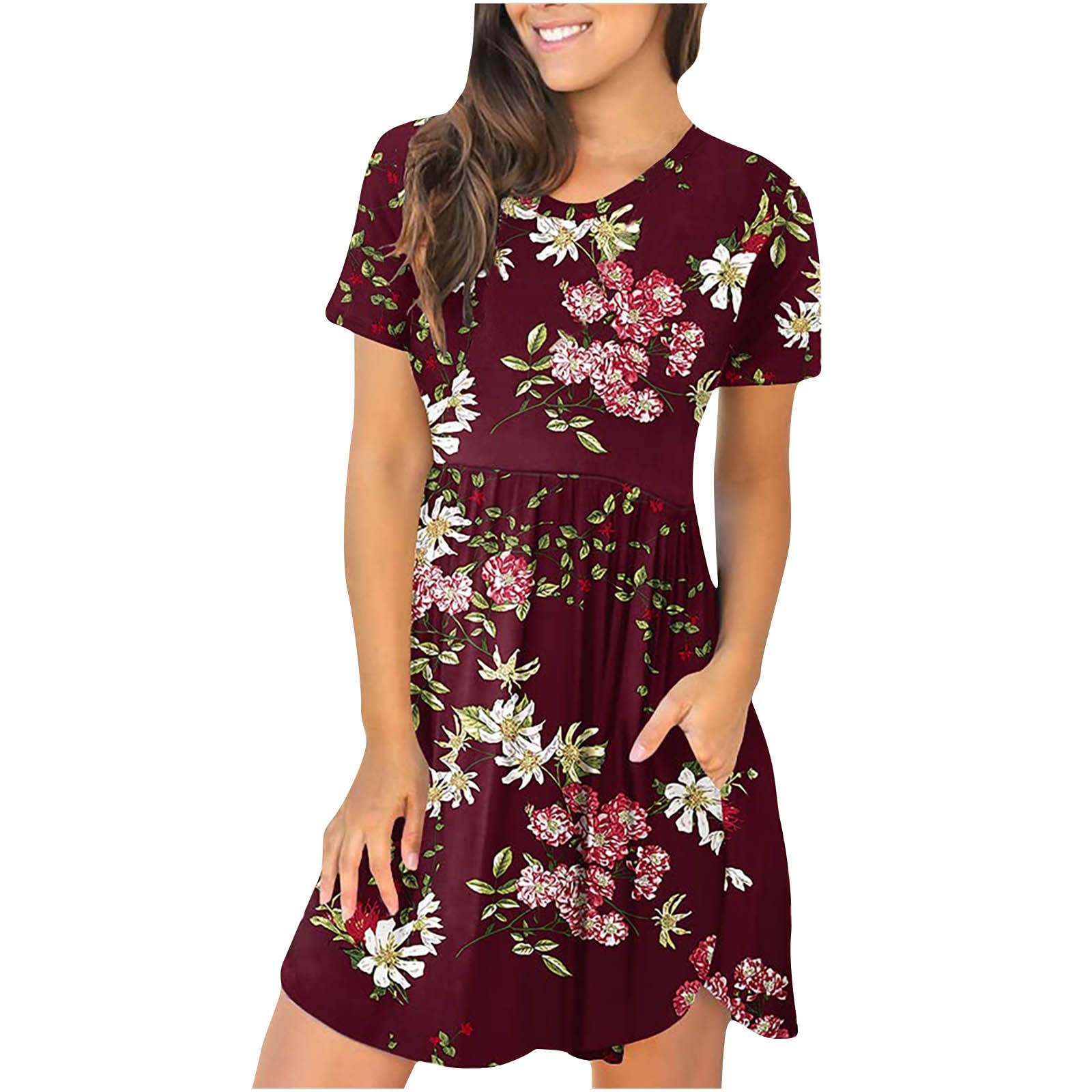 Jsarle Women's Plus Size Casual Dress - Round Neck Short Sleeve Gradient Pocket Knee Length Tunic Dress for Wedding Guest, Party & Everyday Wear
