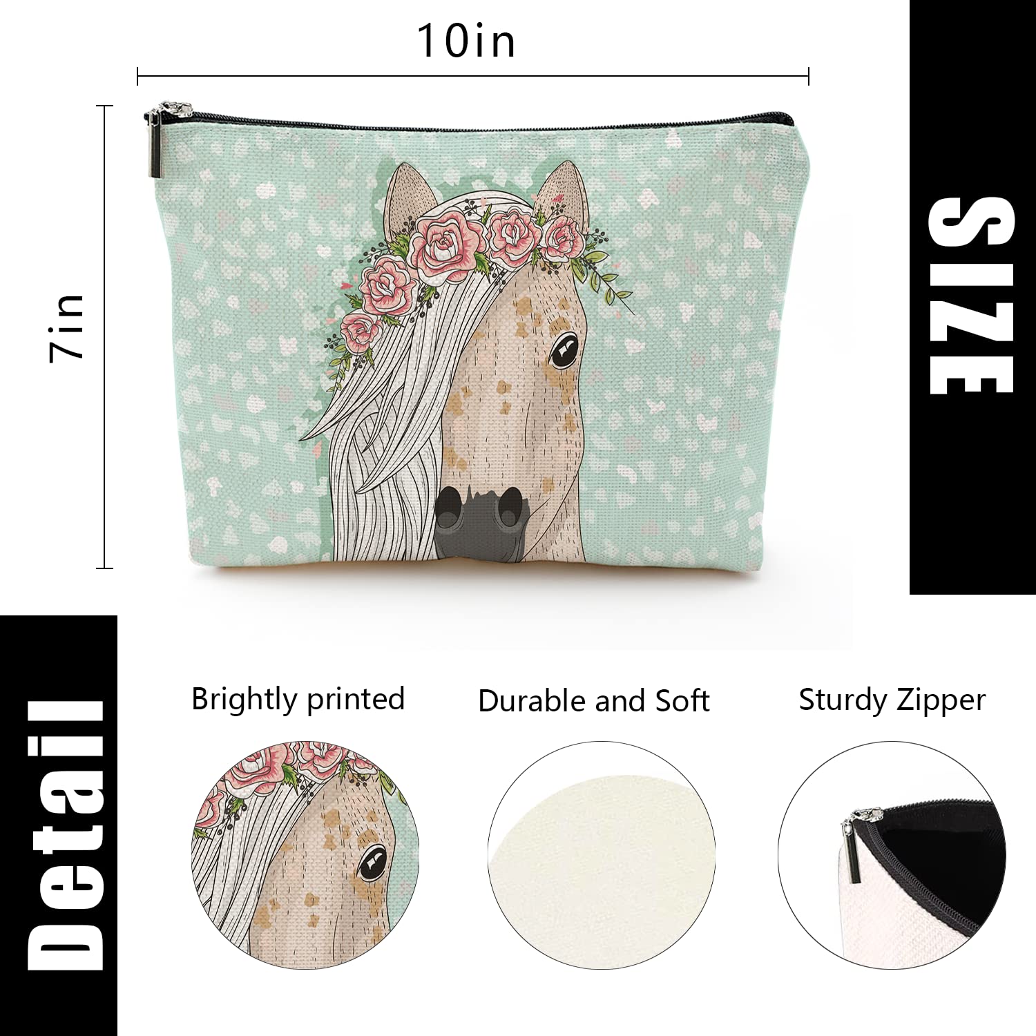 Large Travel Makeup Bag for Women - Waterproof Cosmetic Organizer with Zipper, 7x10 Inch Toiletry Pouch (Cute Horse Design) - Perfect for Vacation, Gym & Daily Essentials Storage