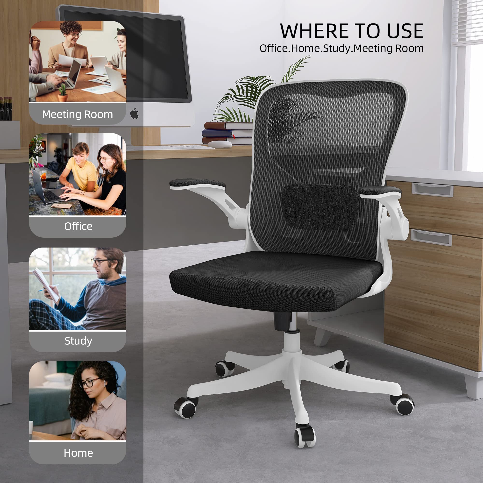 Monhey Ergonomic Office Chair with Lumbar Support - High Back Mesh Computer Desk Chair with Flip-Up Arms, Swivel & Rocking Function - White Frame & Black Mesh - Perfect for Home Office, Study & Workspace