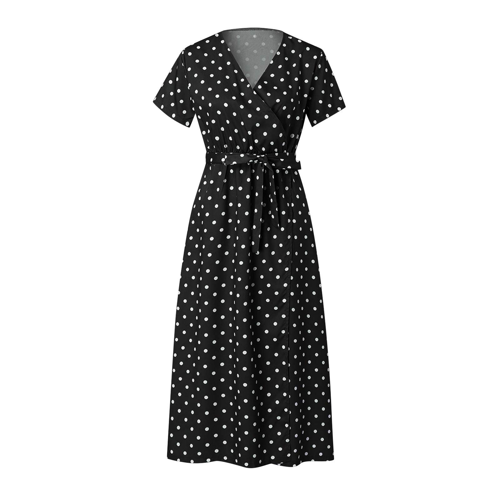 Women's Polka Dot Print V-Neck Short Sleeve Midi Sundress with Side Slit - Perfect for Summer Outings, Beach Vacations, and Casual Date Nights