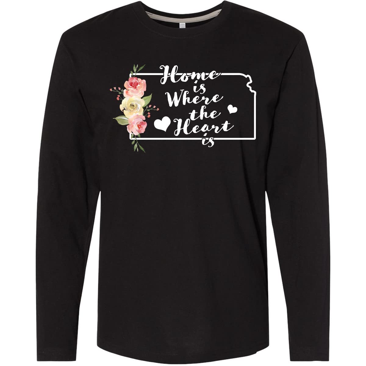 Inktastic Kansas Home is Where The Heart is Watercolor Long Sleeve T-Shirt for Women - Comfortable Cotton Tee with Artistic State Design - Perfect for Casual Wear, Family Gatherings & Kansas Pride Outfits