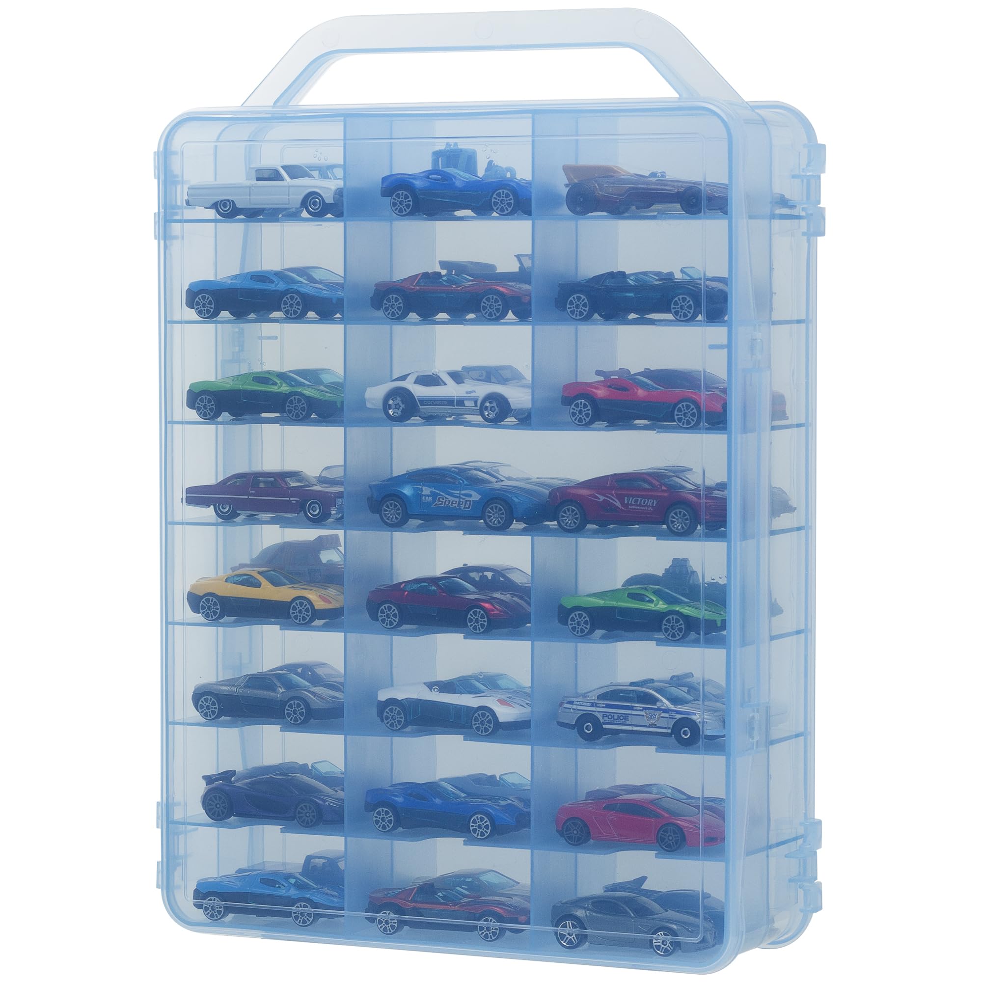 KISLANE Double Sided Car Storage Case for 48 Matchbox Cars, Mini Toys & Small Dolls - Portable Transparent Organizer with 48 Slots (Blue) | Perfect for Kids' Toy Storage, Travel & Playroom Organization