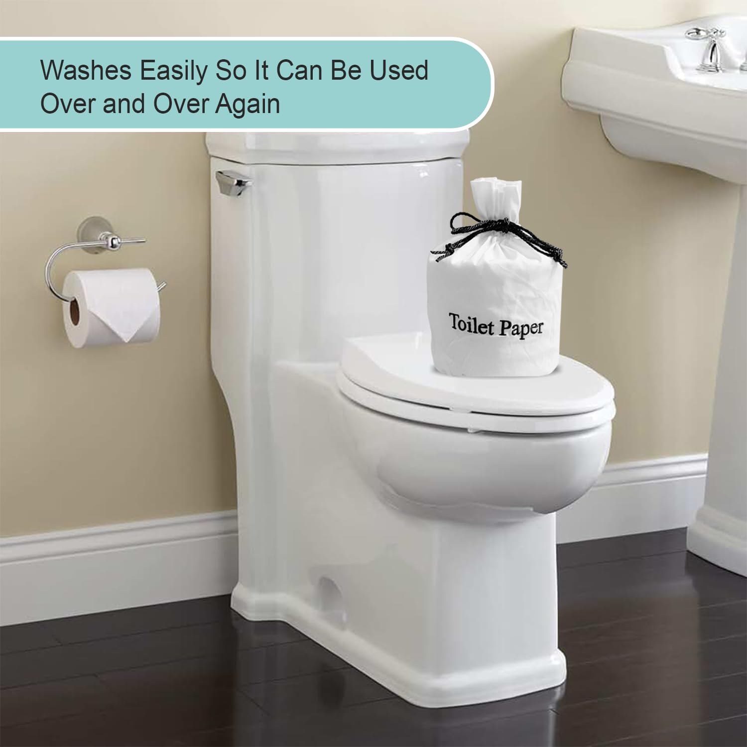 Washable & Reusable Fabric Toilet Paper Cover Bag with Drawstring Closure - Bathroom Toilet Paper Storage Organizer - Spare Toilet Paper Roll Holder - Perfect for Home, RV, and Office Use