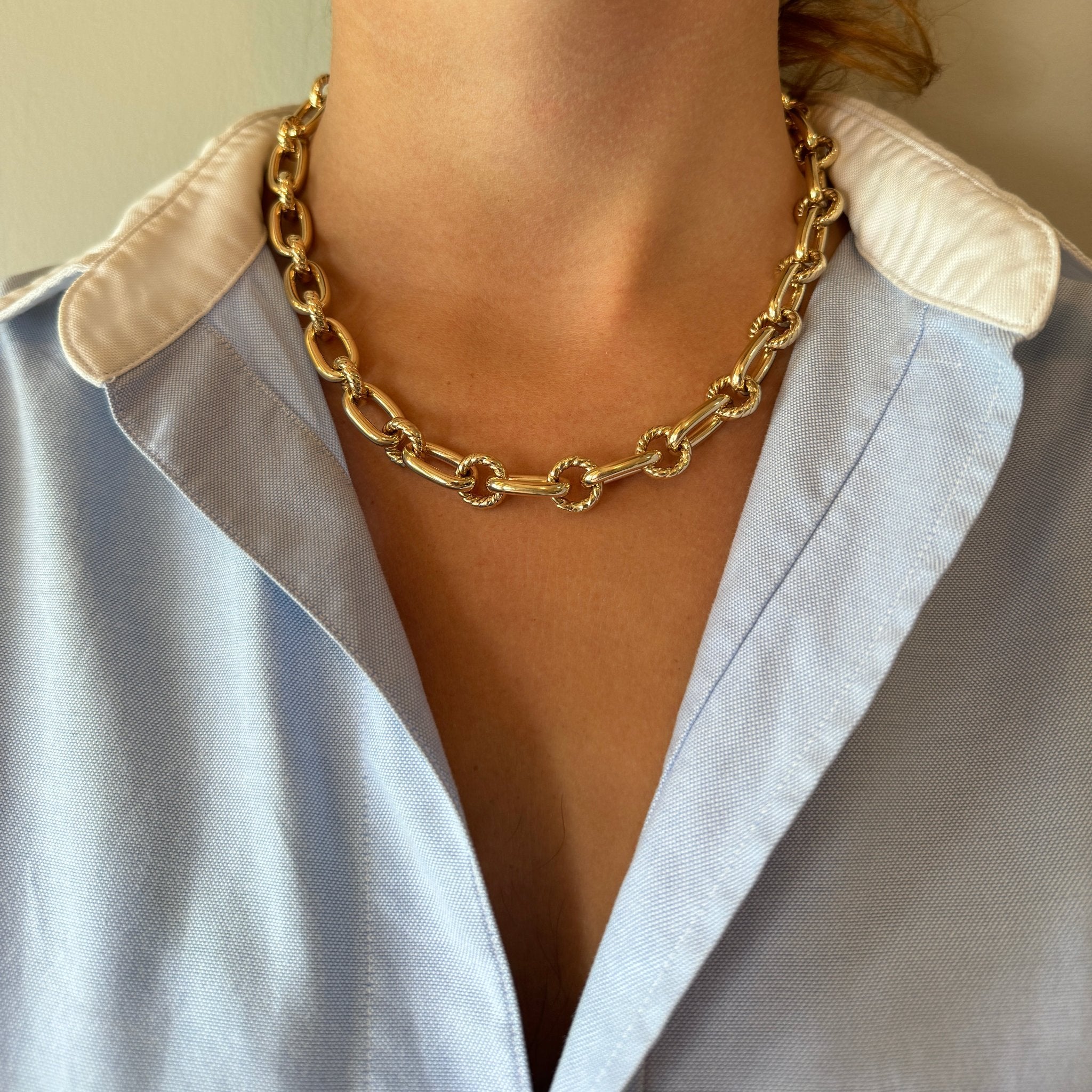 14K Yellow Gold Italian Rope & Polished Link Necklace for Women - Elegant Layered Chain Jewelry for Everyday Wear & Special Occasions