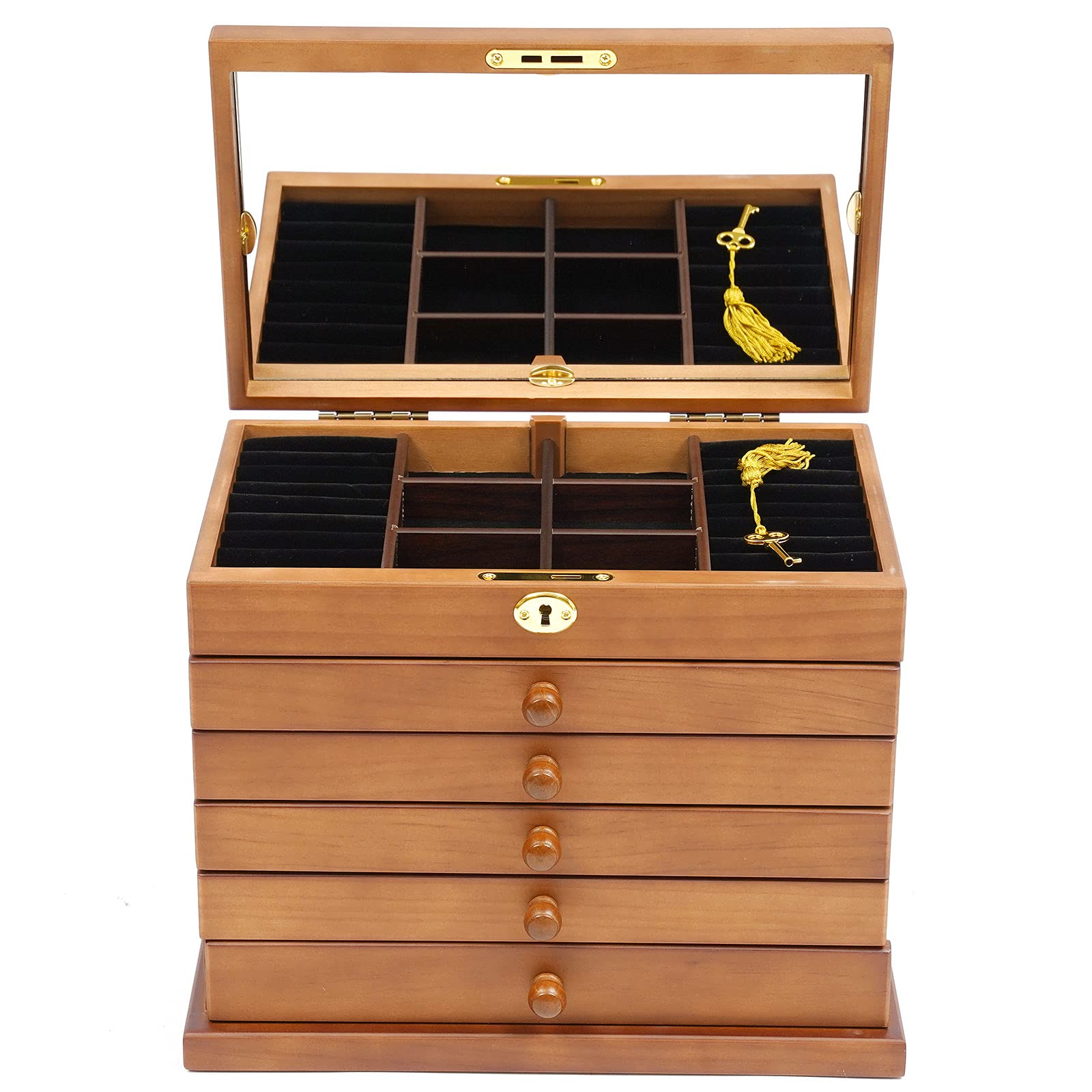 Large Wooden Jewelry Box for Women - 6-Layer Classic Jewelry Organizer with Mirror & Lock - Perfect for Watches, Necklaces, Rings (Brown) | Ideal for Bedroom Vanity, Travel Storage & Gift Giving