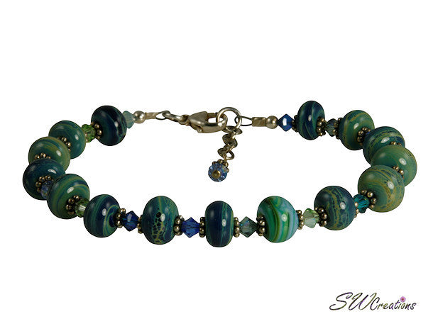 Ocean Green Blue Lampwork Bead Bracelet - Handmade Glass Bead Jewelry for Women - Boho Chic Accessories for Beach, Wedding & Everyday Wear