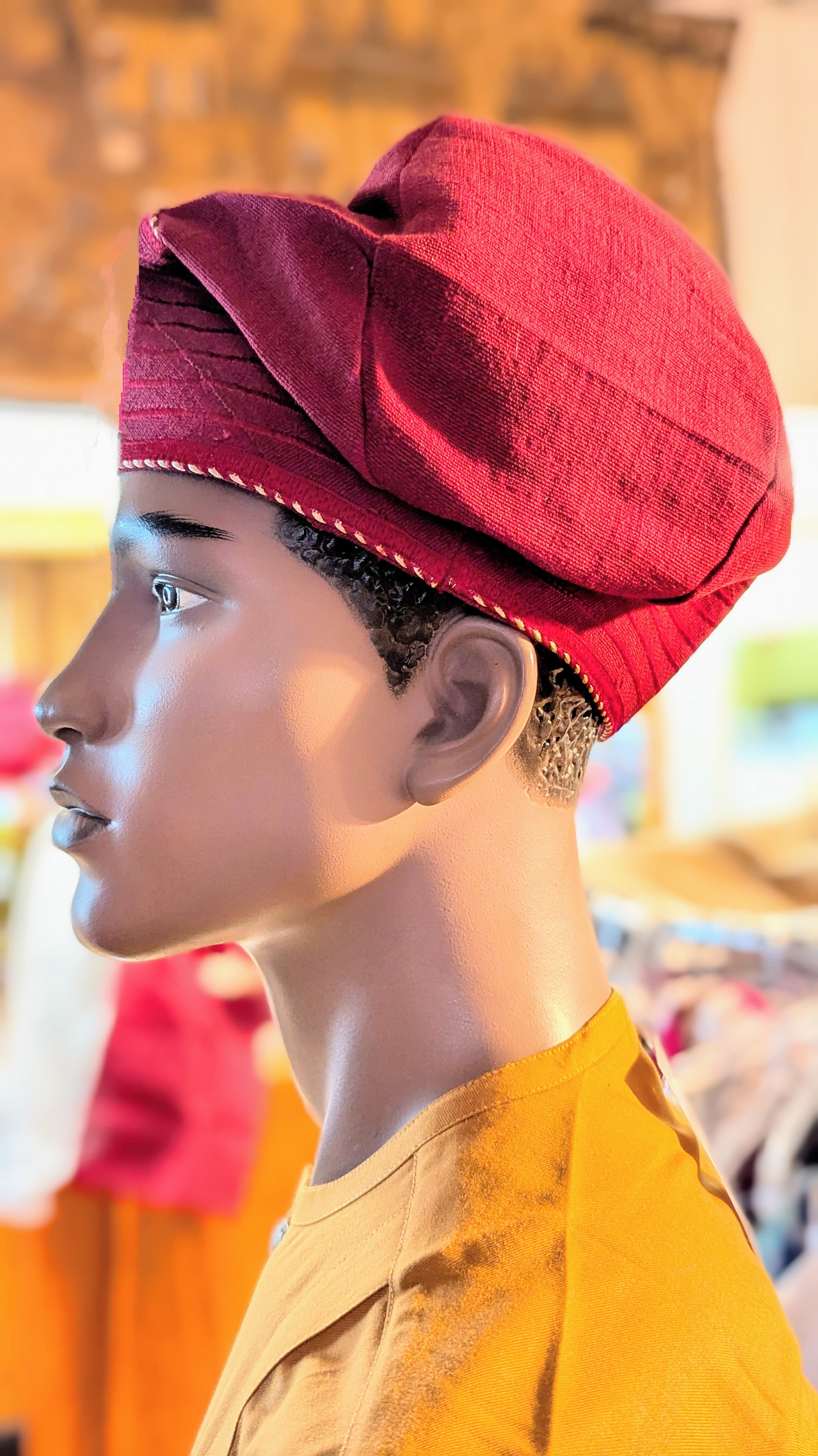 Dupsie's Kola Burgundy Aso Oke African Hat - Traditional Fila Cap & Kufi for Men - Perfect for Weddings, Cultural Events & Special Occasions (DPHABAH49)