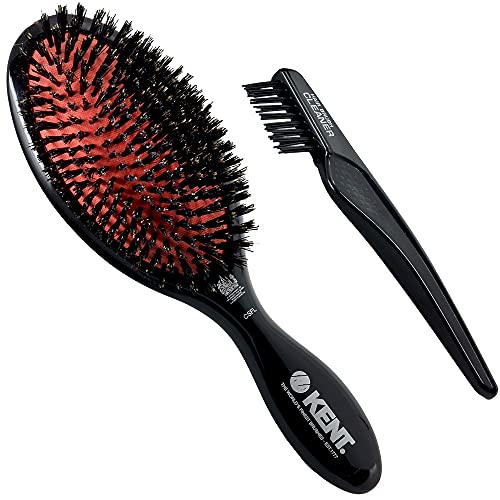 Kent CSFL Classic Shine Large Oval Cushion Straightening Brush & Detangler - Natural Boar Bristle Hair Brush for Long Thick Hair - Scalp Massager & Shine Enhancer with Free Hairbrush Cleaner | Perfect for Salon Styling & Home Hair Care