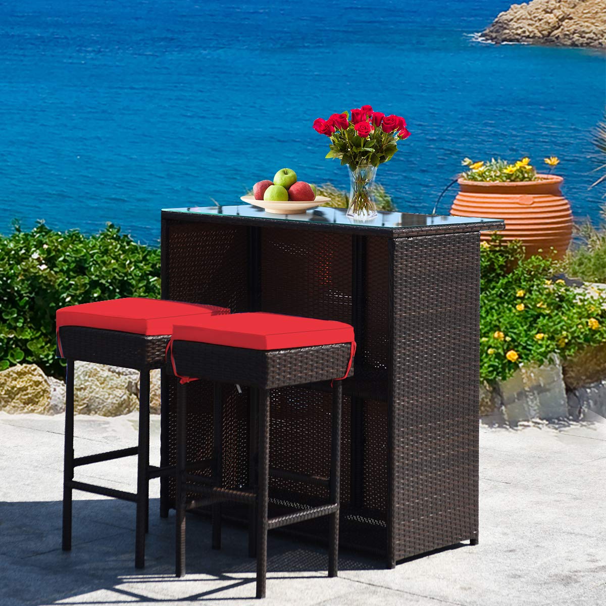 HappyGrill 3-Piece Outdoor Bar Set - Rattan Wicker Bar Stools & Table with Weather-Resistant Cushions & Tempered Glass Top - Perfect for Poolside, Garden, Patio Dining & Entertaining with Convenient Storage Shelves