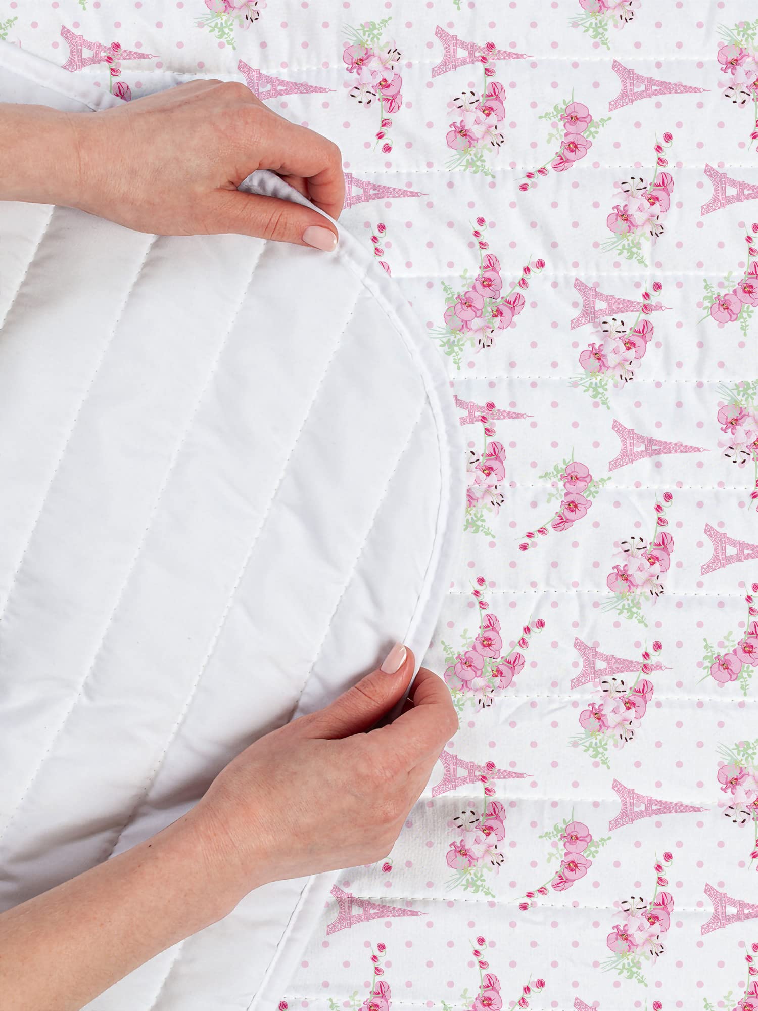 Ambesonne Eiffel Tower Microfiber Bedspread Set - Parisian Floral Design with Pink Flowers & Polka Dots | Soft King Size Bedding Set Includes Comforter & Pillow Shams in Pale Pink, Green & White | Perfect for Spring Bedroom Decor & Paris-Themed Guest Rooms