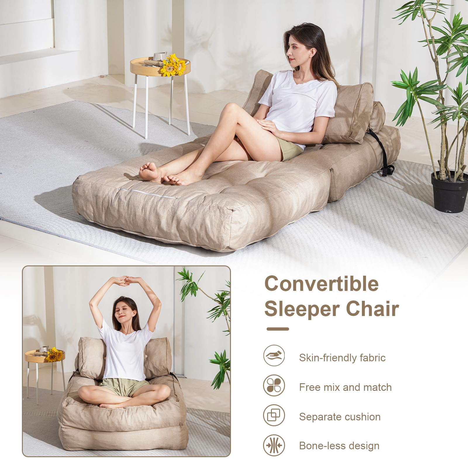 MAXYOYO Folding Couch Sofa Bed - Convertible Sleeper Chair with Back Support & Pillow, Beige - Perfect for Small Spaces, Guest Rooms & Apartments