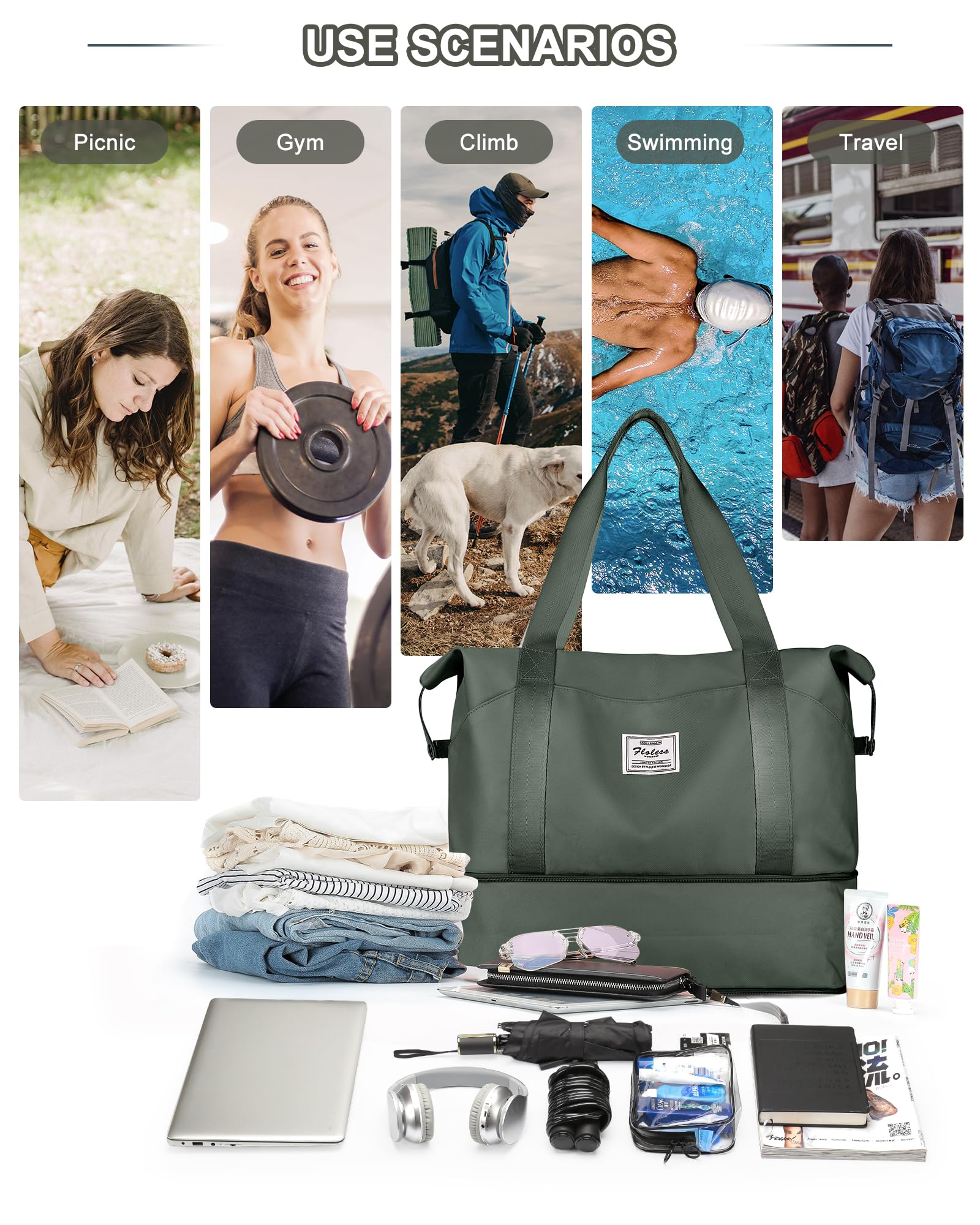 Women's Travel Duffel Bag with Trolley Sleeve - Expandable Carry On Weekender Gym Bag for Airplane (18x14x8 inches, Green) | Perfect for Weekend Getaways, Gym Workouts & Business Travel