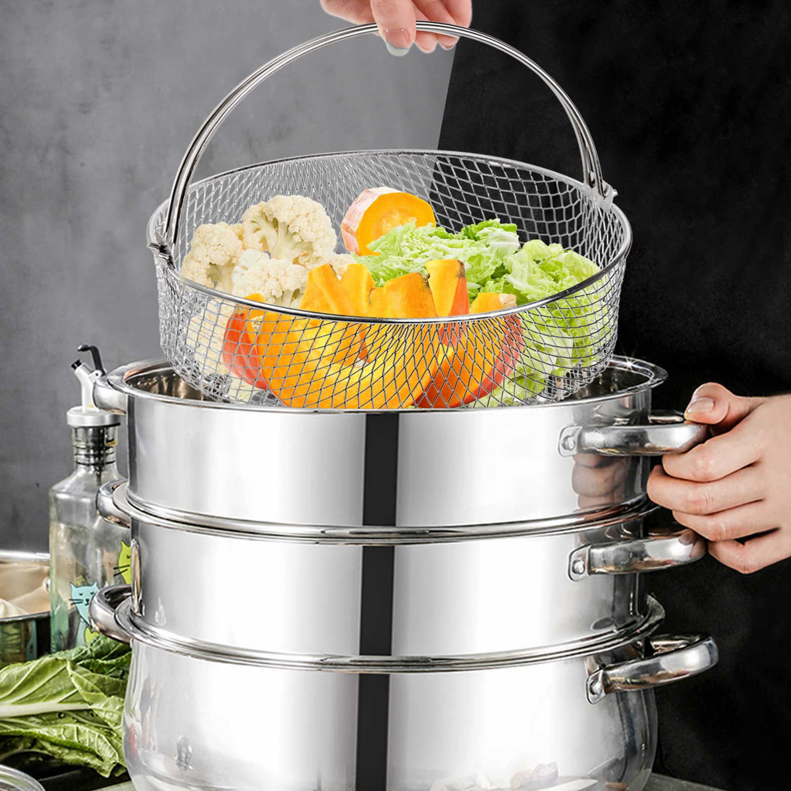 Elsjoy 2 Pack 8 Inch Air Fryer Basket Replacement - 18/8 Stainless Steel Mesh Basket with Handle for Air Fryer, Instant Pot, Oven & Steamer - Perfect for Crispy Fries, Chicken Wings & Healthy Cooking