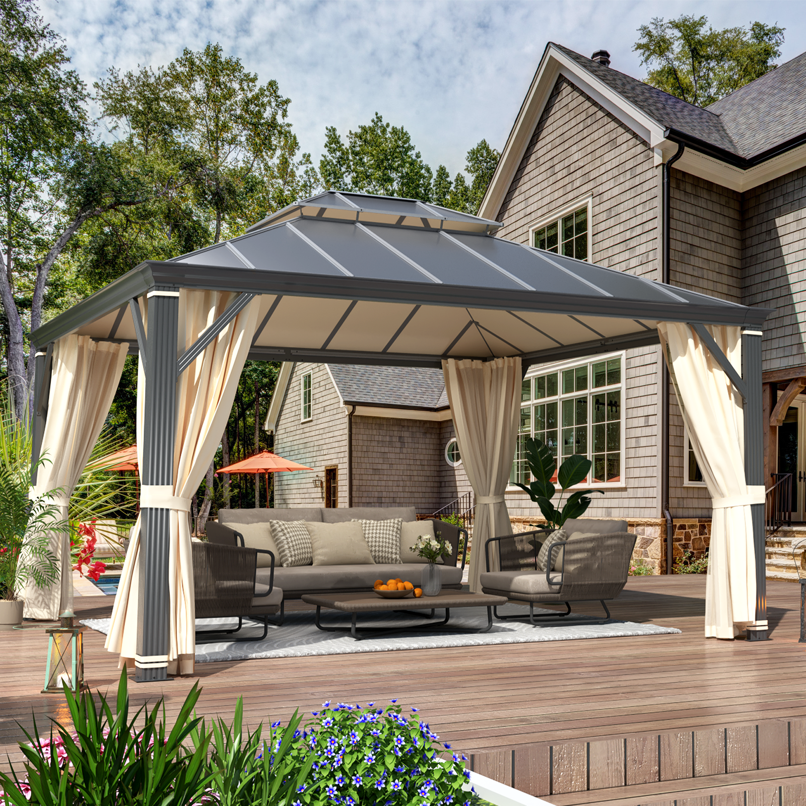 EROMMY 12' x 14' Hardtop Permanent Outdoor Aluminum Patio Gazebo with Double Roof - Weatherproof Garden Pavilion with Curtains & Netting for Backyard, Deck, and Outdoor Entertaining