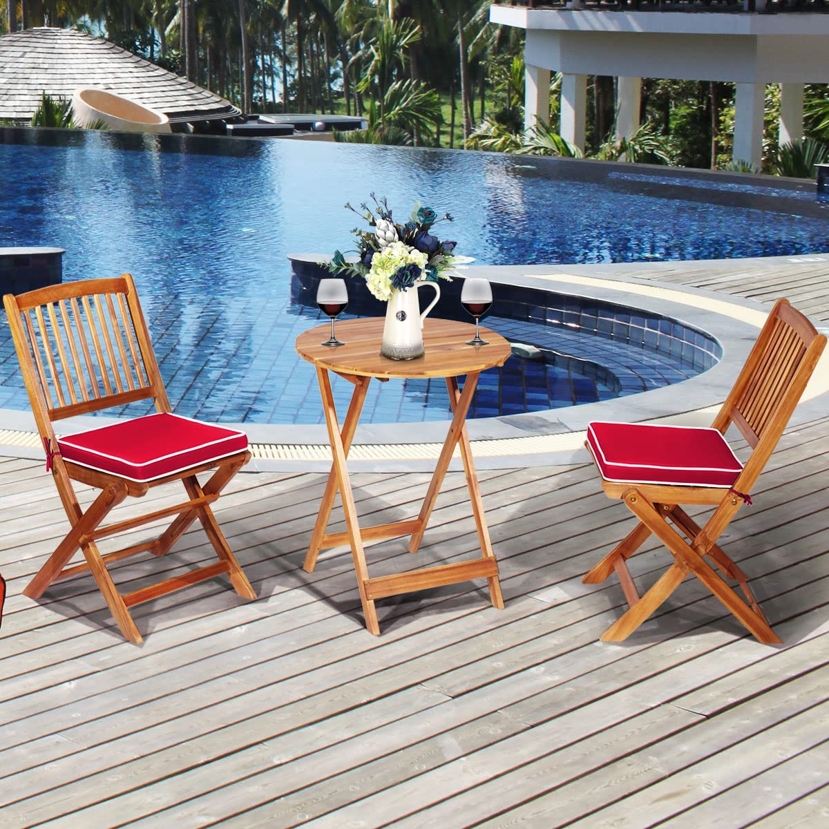 Tangkula 3-Piece Patio Folding Bistro Set - Acacia Wood Outdoor Dining Chairs with Padded Cushions & Round Coffee Table - Perfect for Garden, Poolside, Balcony, and Indoor Use (Red)