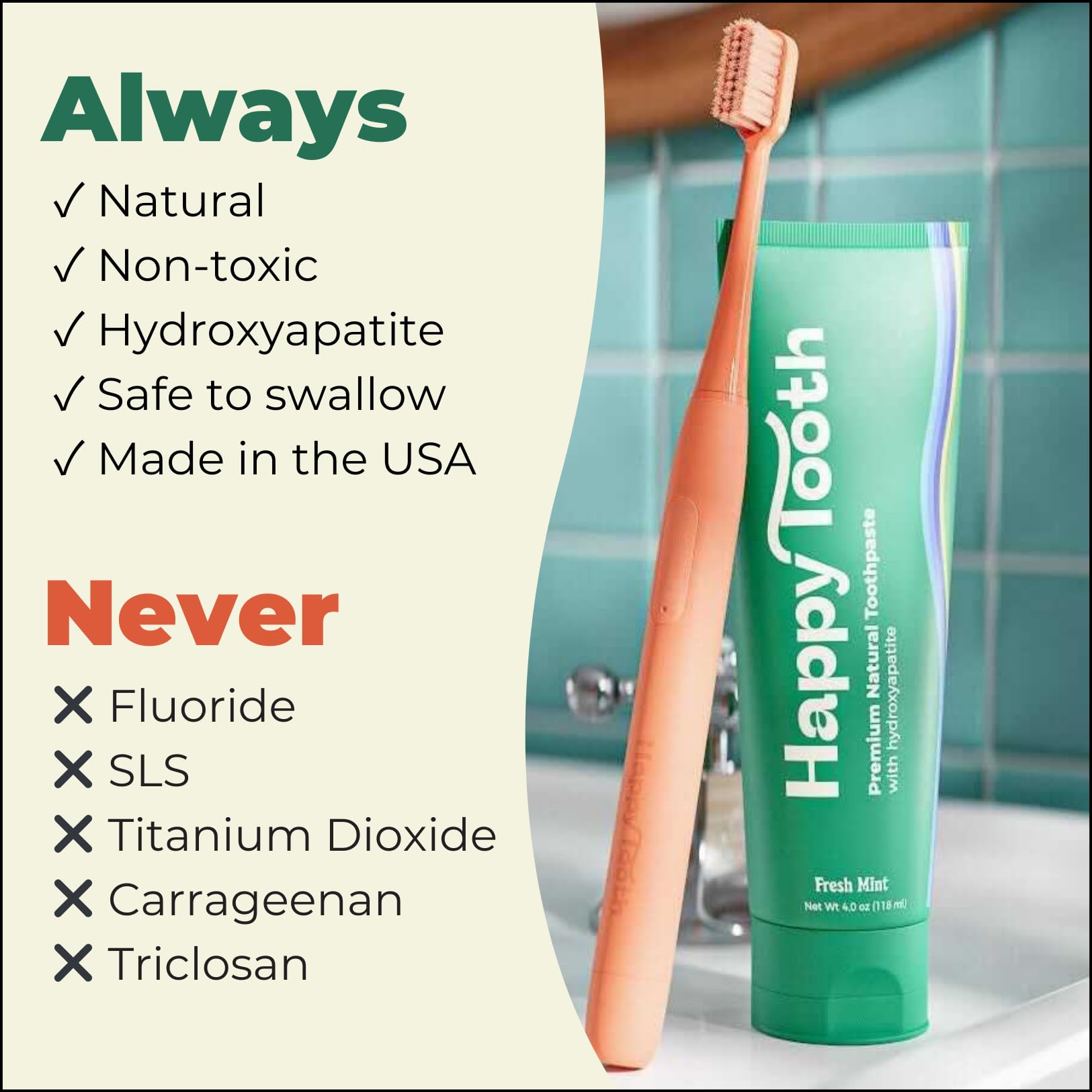 Happy Tooth Natural Hydroxyapatite Toothpaste - Fluoride Free, SLS Free Whitening Toothpaste for Sensitive Teeth - Dentist Recommended for Adults & Kids - Fresh Mint Flavor (4oz) | Gentle Daily Care for Whole Family