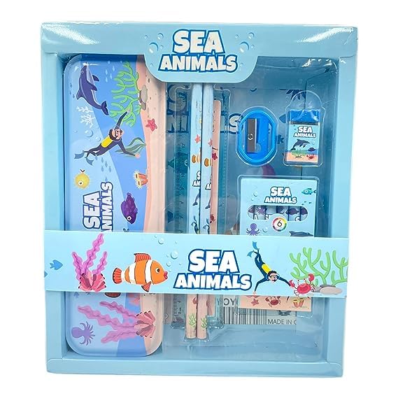 JMK CRAFTS Kids Cartoon-Themed Stationery Set - Kawaii Pencil Box, Crayons, Erasers, Sharpeners, School Supplies for Boys & Girls | Perfect for Classroom, Birthday Gifts & Back to School (Sea Animals, 1-Pack)