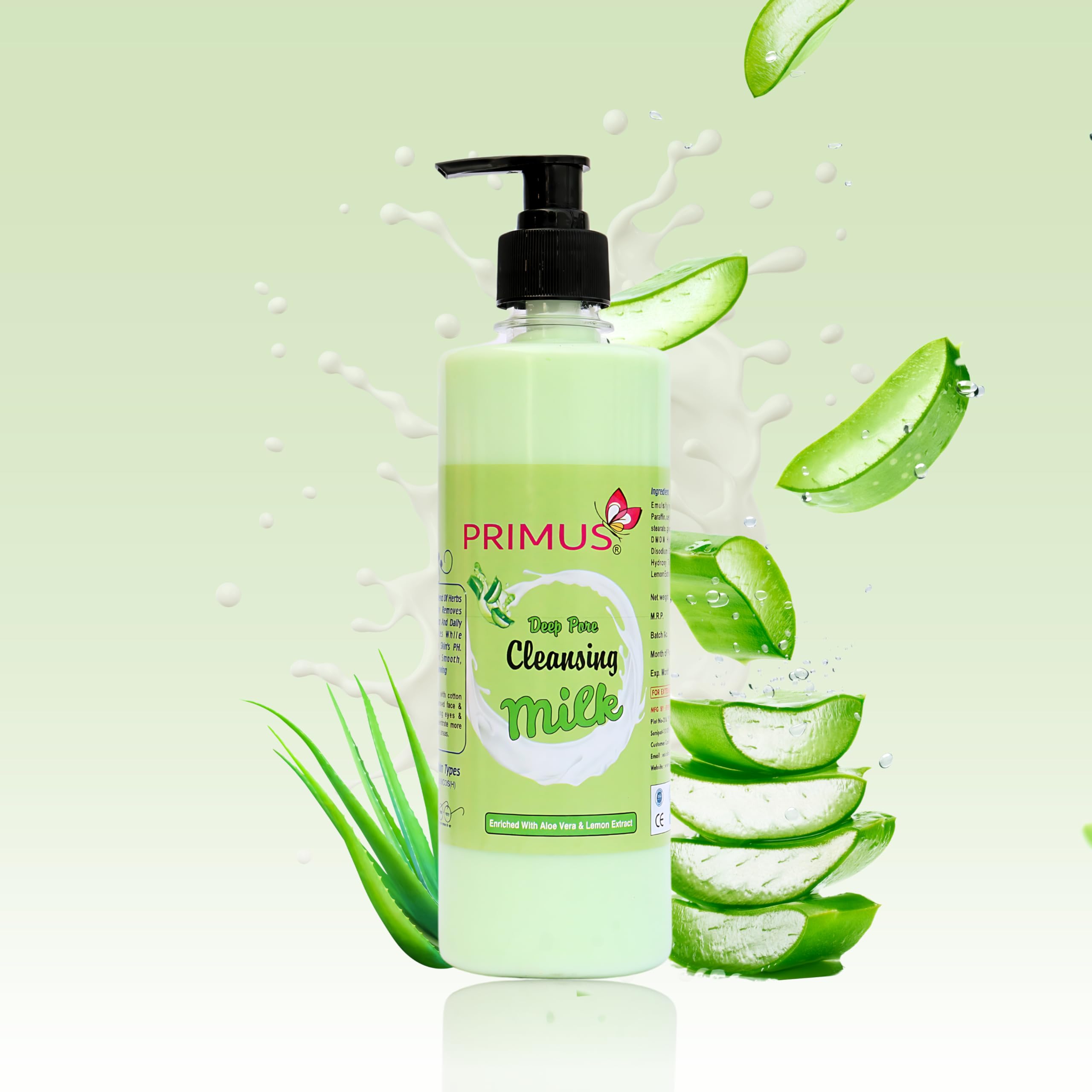 Primus Aloe Vera & Lemon Extracts Cleansing Milk - Ultra Clean & Refreshing Facial Cleanser | Makeup Remover & Daily Face Wash | 500ml | Perfect for Sensitive Skin & Post-Workout Refreshment