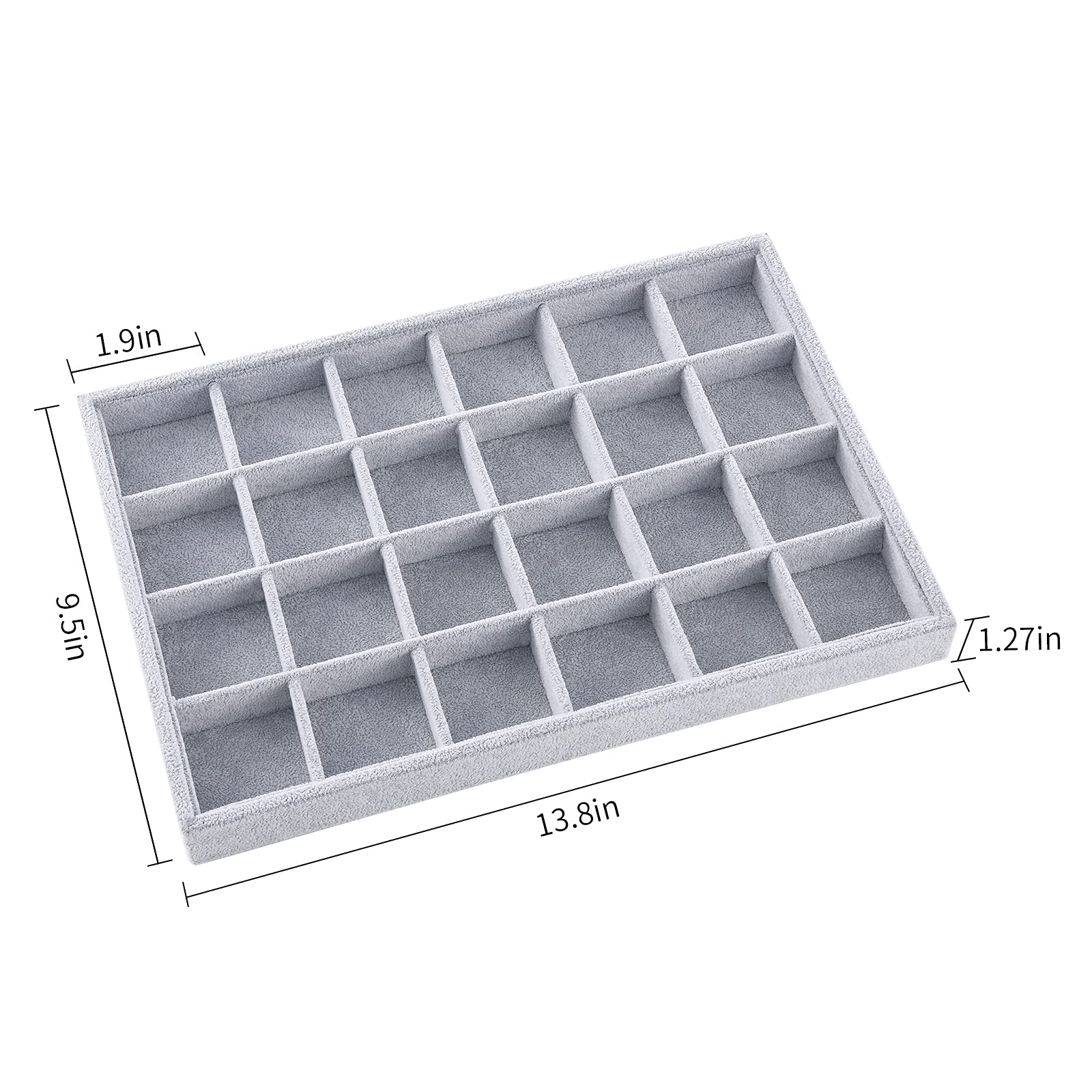 Ice Gray Plush Velvet Stackable Jewelry Display Trays - 24 Grid Jewelry Organizer Storage Box for Rings, Earrings & Necklaces - Perfect for Boutique, Jewelry Store & Home Vanity Display