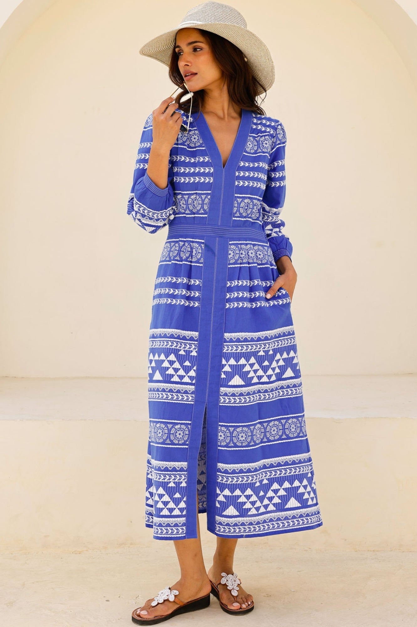 Jamila Jacquard Dress in Cobalt & White - Elegant Floral Print Maxi Dress for Women | Perfect for Weddings, Parties & Summer Outings
