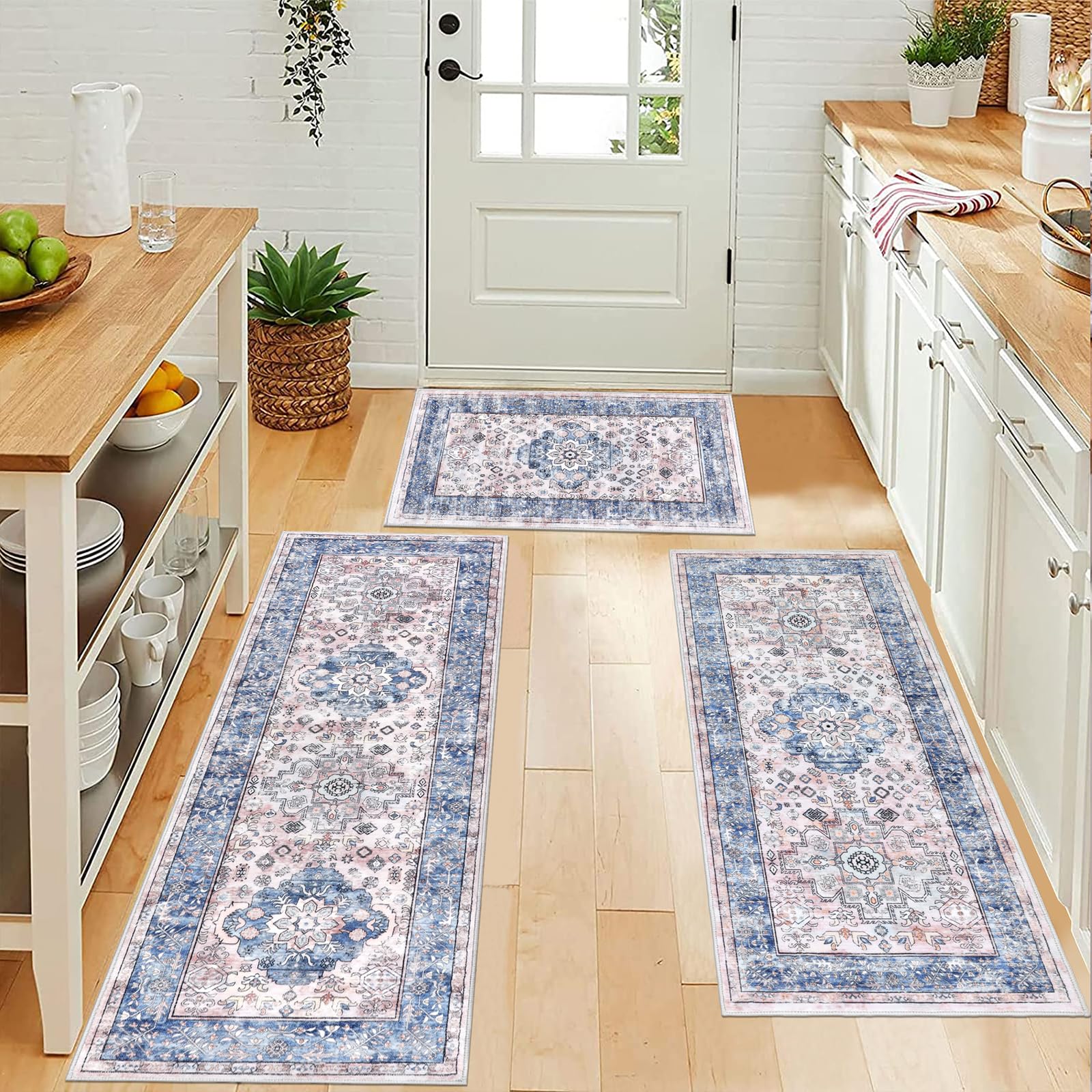 Premium Non-Slip Washable Kitchen Rugs Set of 3 - Farmhouse Style Boho Floor Mats for Kitchen Sink, Hallway & Laundry Room - Anti-Fatigue Cushioned Carpet Runner - Blue Home Decor (Perfect for High-Traffic Areas & Spill-Prone Spaces)