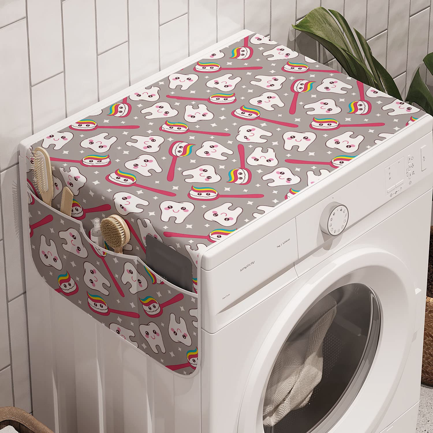 Lunarable Kawaii Washing Machine Cover - Cute Smiling Teeth & Rainbow Toothbrush Cartoon Pattern, Anti-Slip Fabric Organizer for Washer and Dryer (47