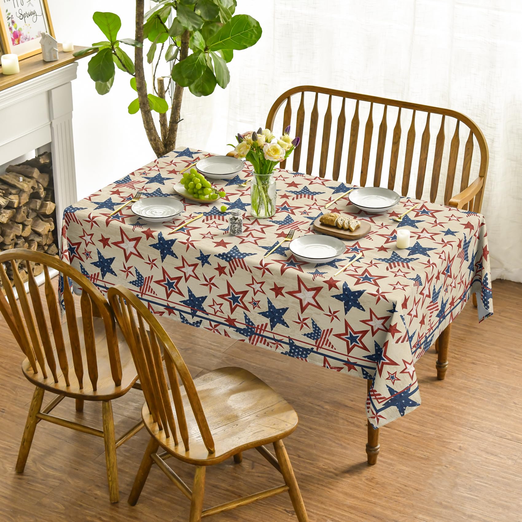 Horaldaily 4th of July Patriotic Tablecloth 60x84 Inch - Red White Blue Star American Flag Design Washable Rectangular Table Cover for Independence Day, Memorial Day, BBQ, Picnic & Outdoor Party Decor