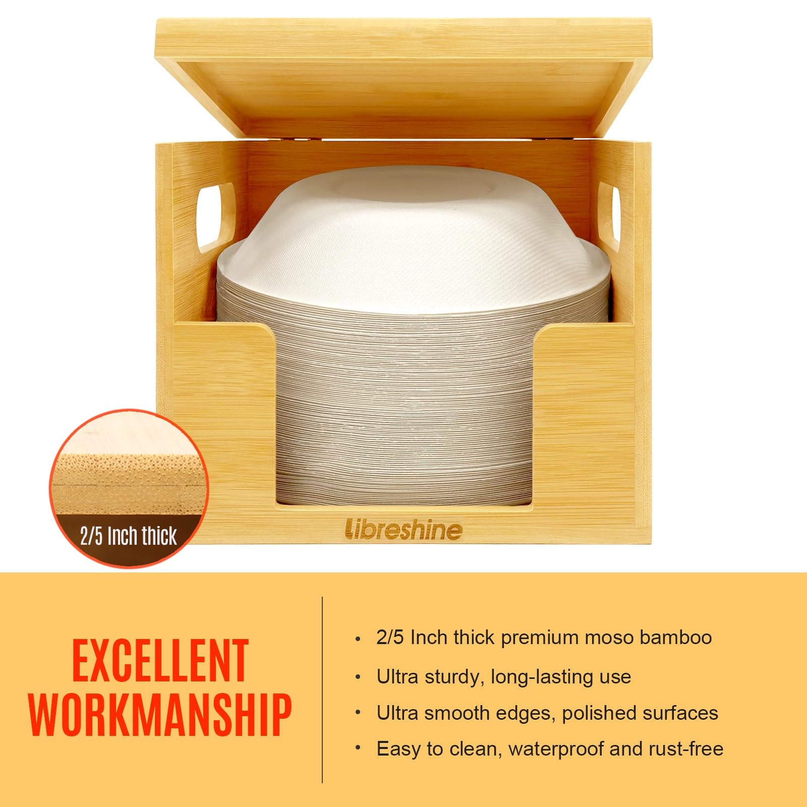 Bamboo Paper Bowl Dispenser Holder – Organizer for 90+ 8-32 oz Disposable Bowls – Space Saving Kitchen Storage for Countertop & Cabinet – Stackable Design for Office, RV, Picnic & Party Use