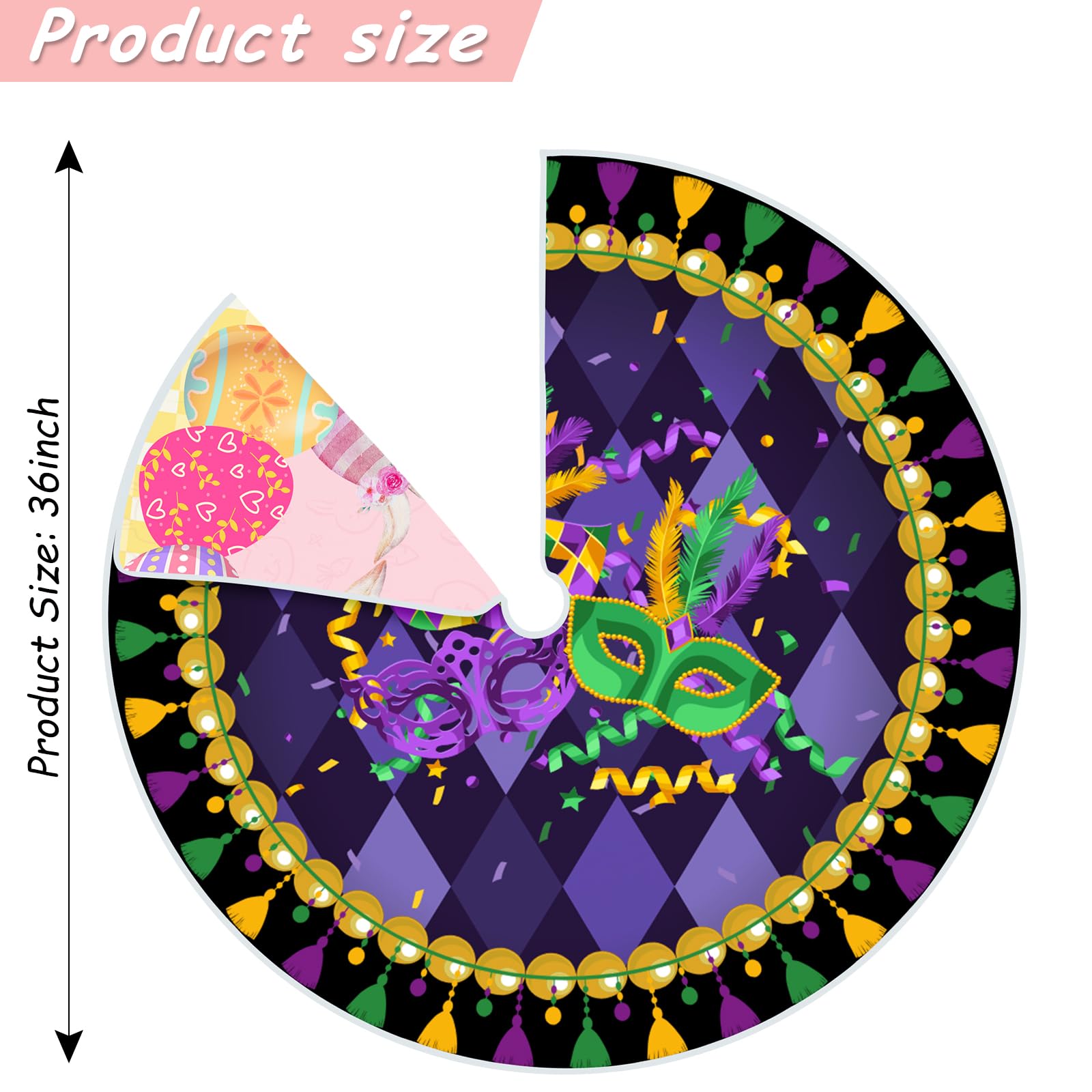 36 Inch Double Sided Easter Tree Skirt - Mardi Gras & Christmas Holiday Decor with Masquerade Mask, Feathers, Bunny & Egg Patterns | Perfect for Easter, Christmas & Party Decorations