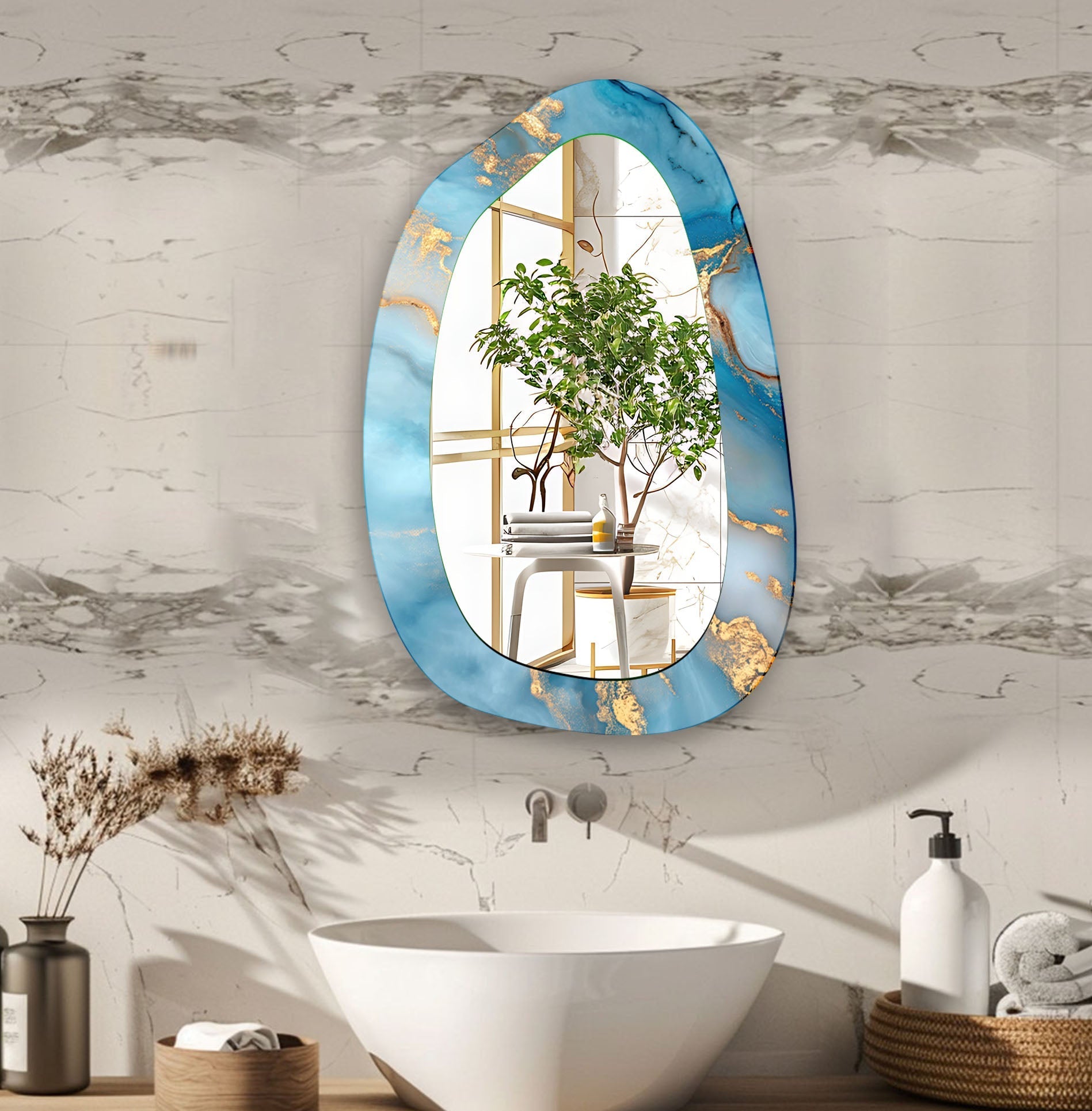 Blue Alcohol Ink Large Aesthetic Wall Mirror - Modern Boho Decor for Living Room, Bedroom & Bathroom | Handmade Unique Statement Piece for Home Decor
