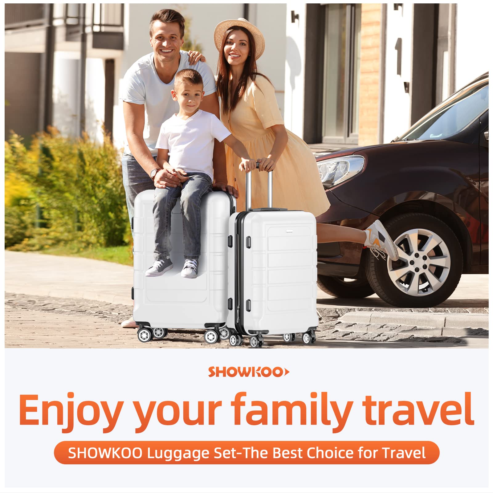 SHOWKOO Expandable Luggage Set - 3-Piece Durable PC+ABS Suitcases with Double Spinner Wheels & TSA Lock (White) - Perfect for International Travel, Business Trips & Family Vacations
