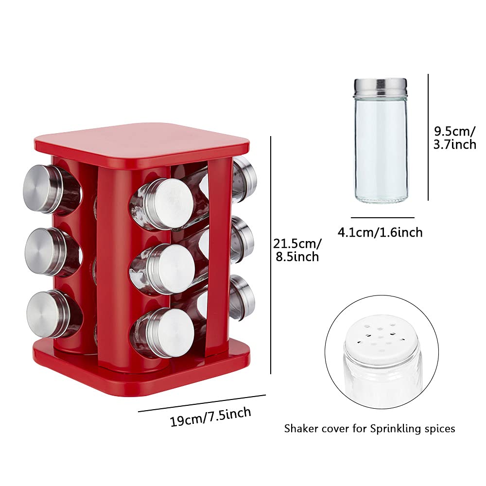 TINMIX 12-Jar Revolving Spice Rack Organizer - Stainless Steel Countertop Spice Tower with Refillable Glass Jars for Kitchen Cabinet Storage (Red) - Perfect for Cooking, Baking & Organizing Spices