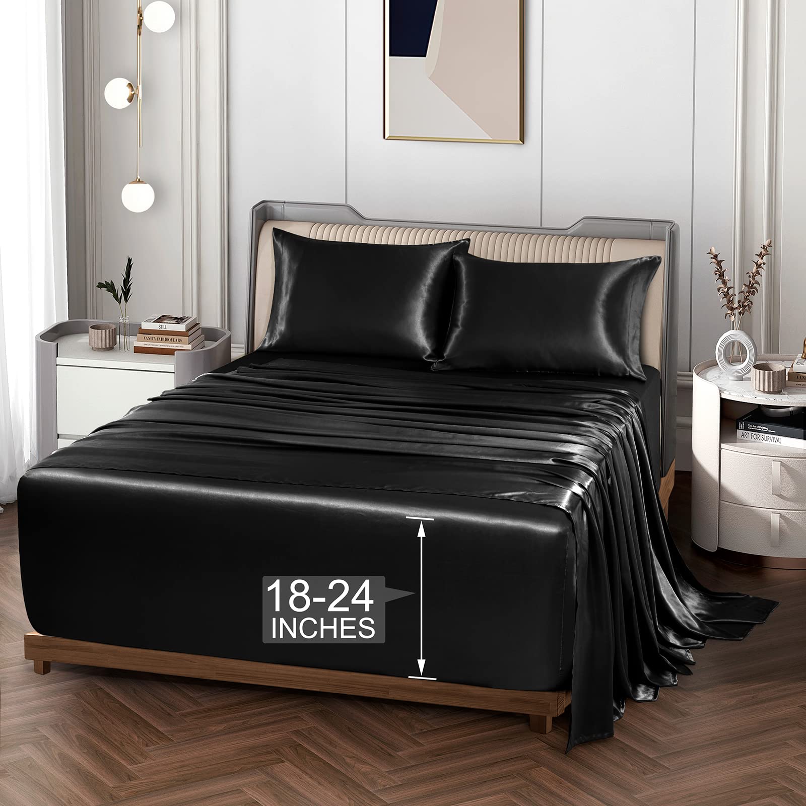 Vonty Cooling Satin Queen Sheet Set - 4 Piece Extra Deep Pocket (18-24 Inch) Silky Soft Bed Sheets for Queen Size Mattress | Breathable & Luxurious Black Satin Bedding for All Seasons - Perfect for Hot Sleepers, Master Bedrooms & Guest Rooms