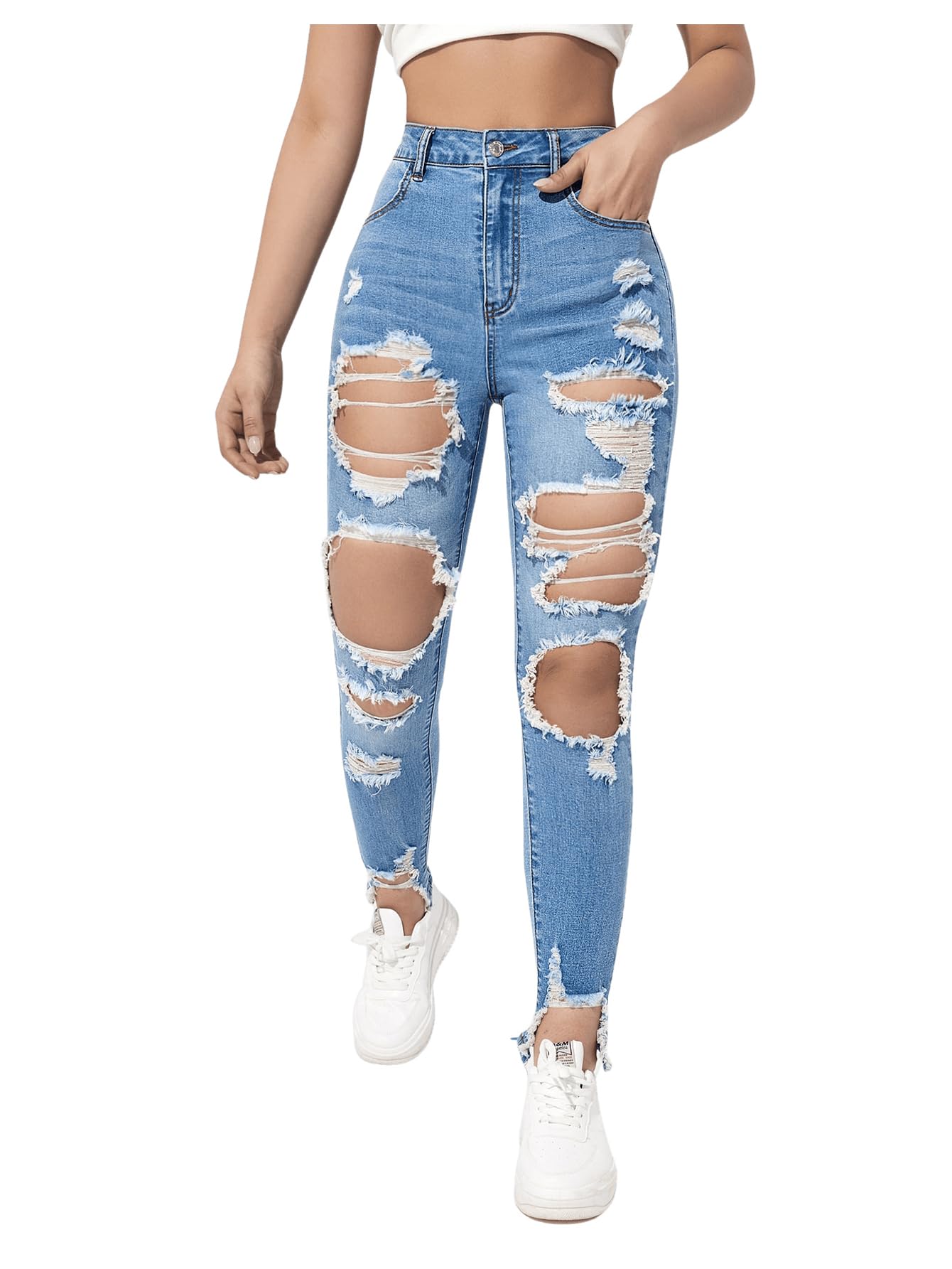 WDIRARA Women's High Waisted Ripped Raw Hem Skinny Jeans - Distressed Denim Pants with Cut Out Details | Perfect for Casual Outfits, Street Style & Everyday Wear