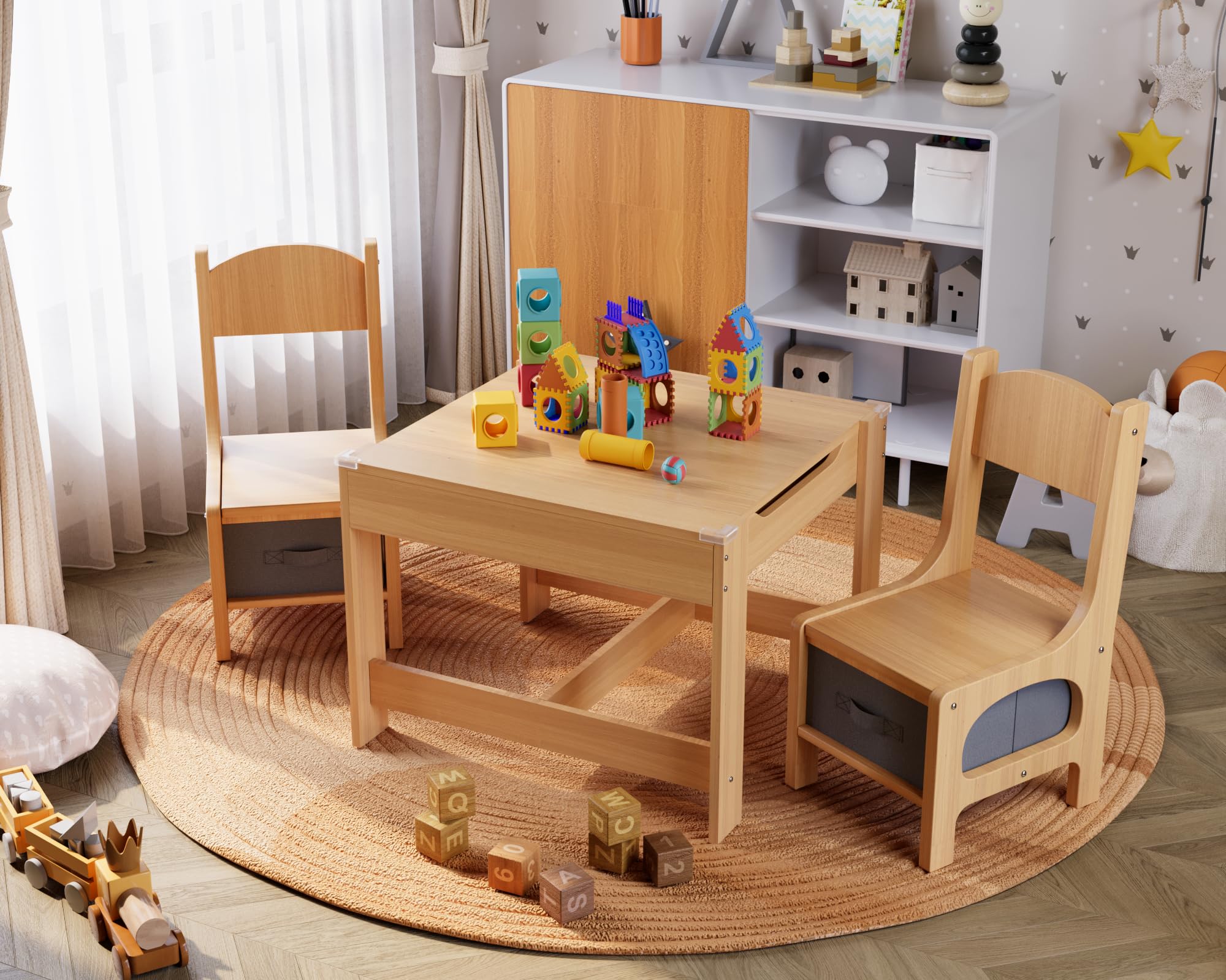 JUMMICO Kids Table and Chairs Set with Storage Bins - Detachable Tabletop for Toddler Crafts, Drawing, Reading & Snack Time - Perfect for Home, Nursery, Playroom & Preschool (Natural Wood) - Ideal for Arts & Crafts, Learning Activities & Playtime