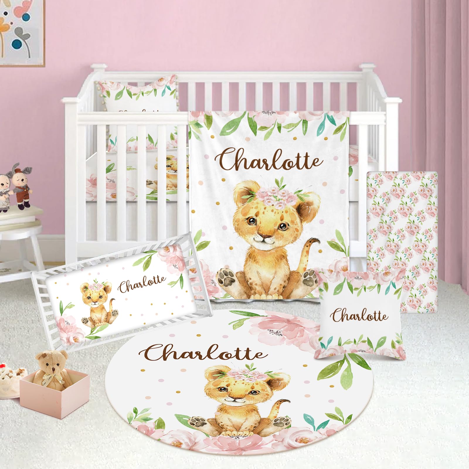 Personalized Baby Crib Bedding Set with Custom Name - 5 Piece Pink Lion Nursery Set for Toddlers & Kids | Soft Comforter, Fitted Sheet, Bumper Pads | Perfect Baby Shower Gift for Boys & Girls | Ideal for Nursery Decor, Newborn Sleep Safety, and Special Occasion Gifts