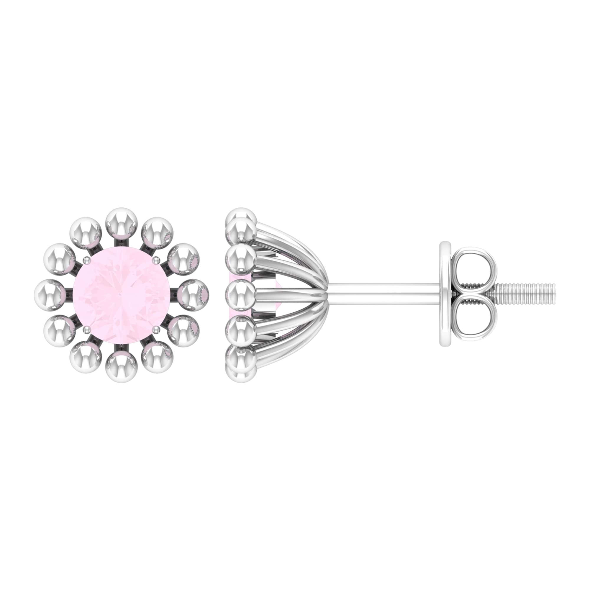 1/2 CT Rose Quartz Stud Earrings for Women - 4MM Solitaire Rose Gold Earrings with Beaded Design, January Birthstone Jewelry in 14K Solid Gold - Perfect for Valentine's Day Gifts, Anniversary & Everyday Elegance