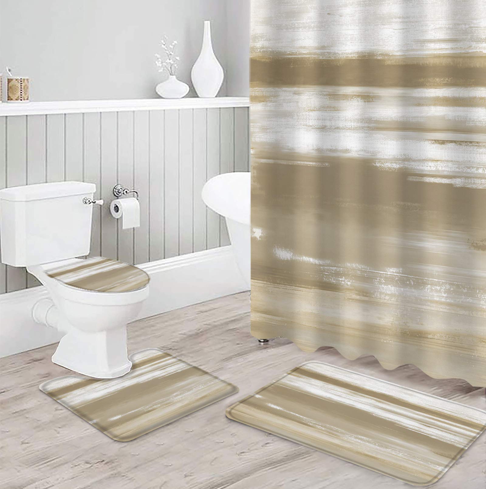 OneHoney 4-Piece Waterproof Bathroom Set - Non-Slip Shower Curtain, U-Shaped Mat, Toilet Lid Cover & Absorbent Floor Mat in Abstract Light Brown Glitter Art Design | Oil Painting Texture for Modern Bathrooms, Guest Baths & Apartment Decor