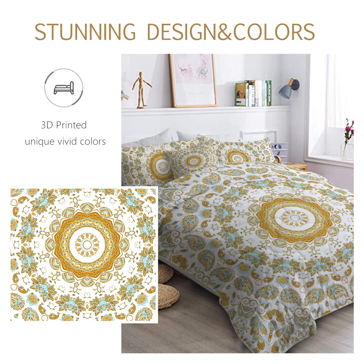 BlessLiving Yellow Mandala Comforter Set - 8 Piece Bohemian Flower Bedding Collection with Lightweight Queen Comforter, Sheets, Pillowcases, Shams & Cushion Cover for Cozy Bedroom Decor | Perfect for Guest Rooms, Dorms & Boho Chic Home Styling