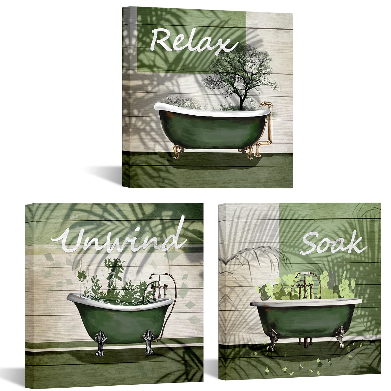Botanical Leaf Wall Art - Green Bathroom Decor for Relaxing Soak - 12x12inch Canvas Print Set of 3