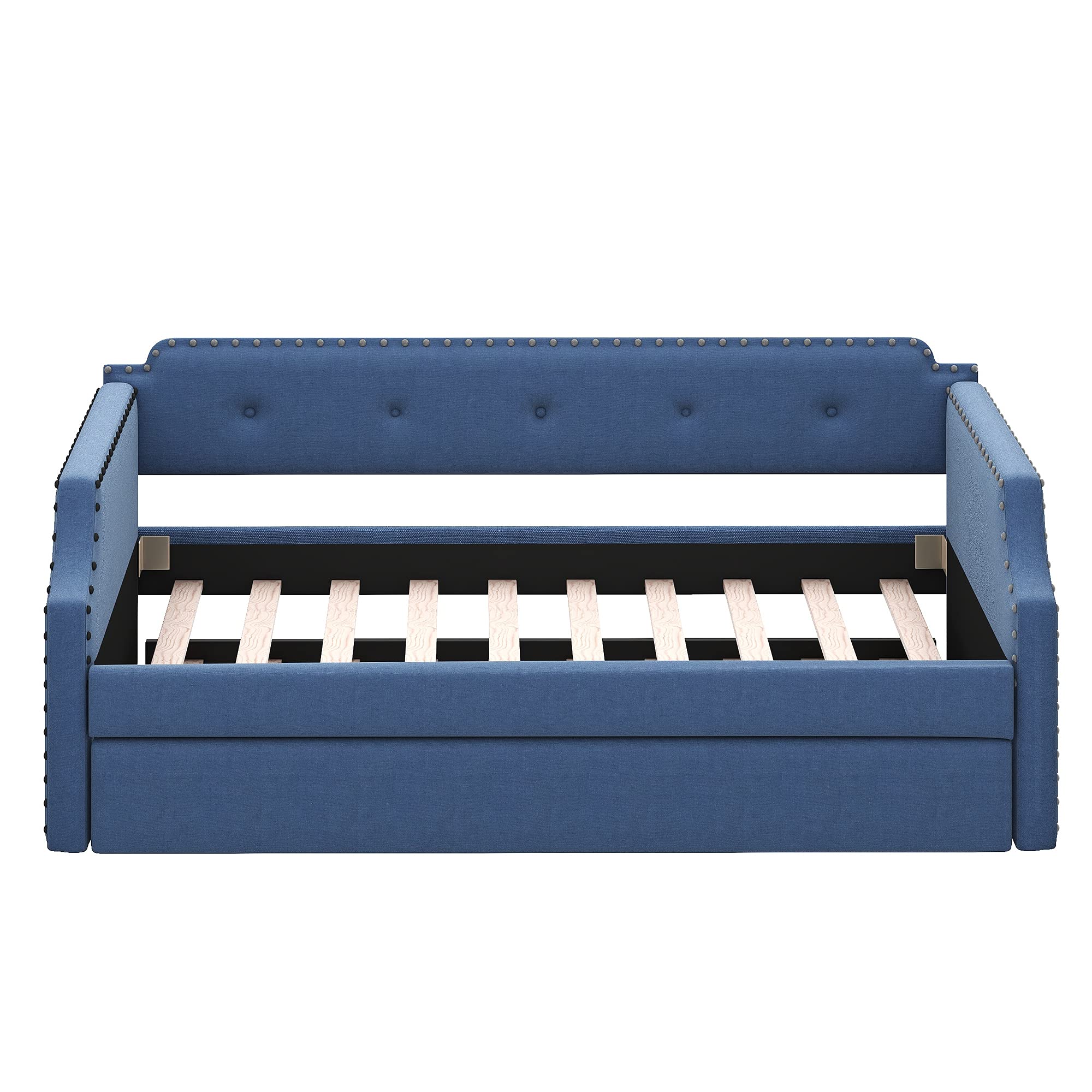 Merax Twin Size Upholstered Daybed with Trundle - Wooden Sofa Bed for Living Room & Guest Room, No Box Spring Needed, Blue Fabric | Perfect for Small Spaces, Sleepovers & Multi-Purpose Furniture