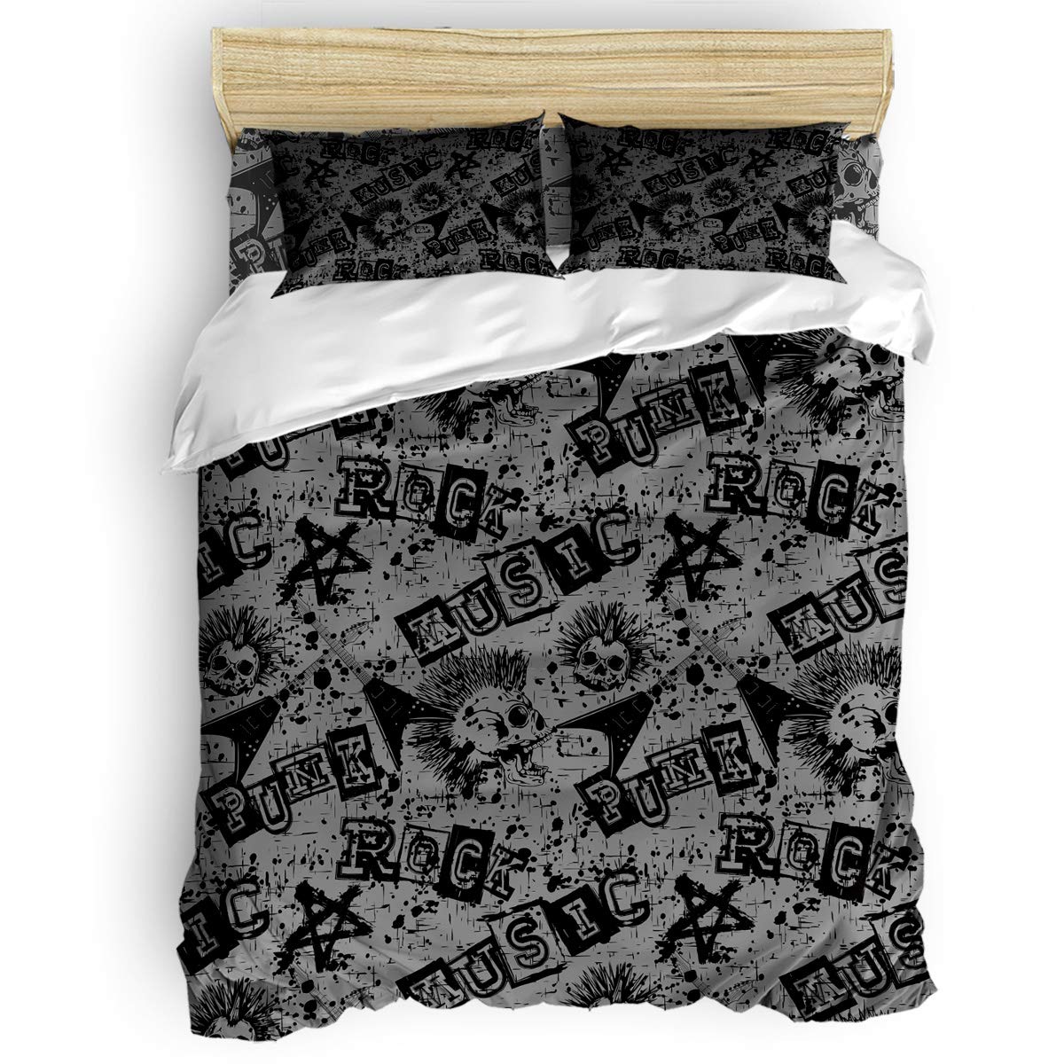 **Punk Rock Skull Duvet Cover Set for Kids & Adults - Black King Size Bedding Set with 1 Comforter Cover, 1 Flat Sheet & 2 Pillowcases - Perfect for Teen Rooms, Gothic Decor & Rock Music Lovers**